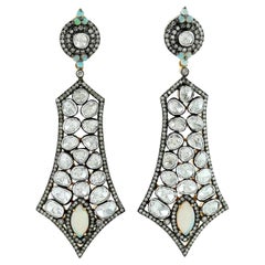 Rose Cut Diamond & Ethiopian Opal Earrings Made In 18k Yellow Gold & Silver