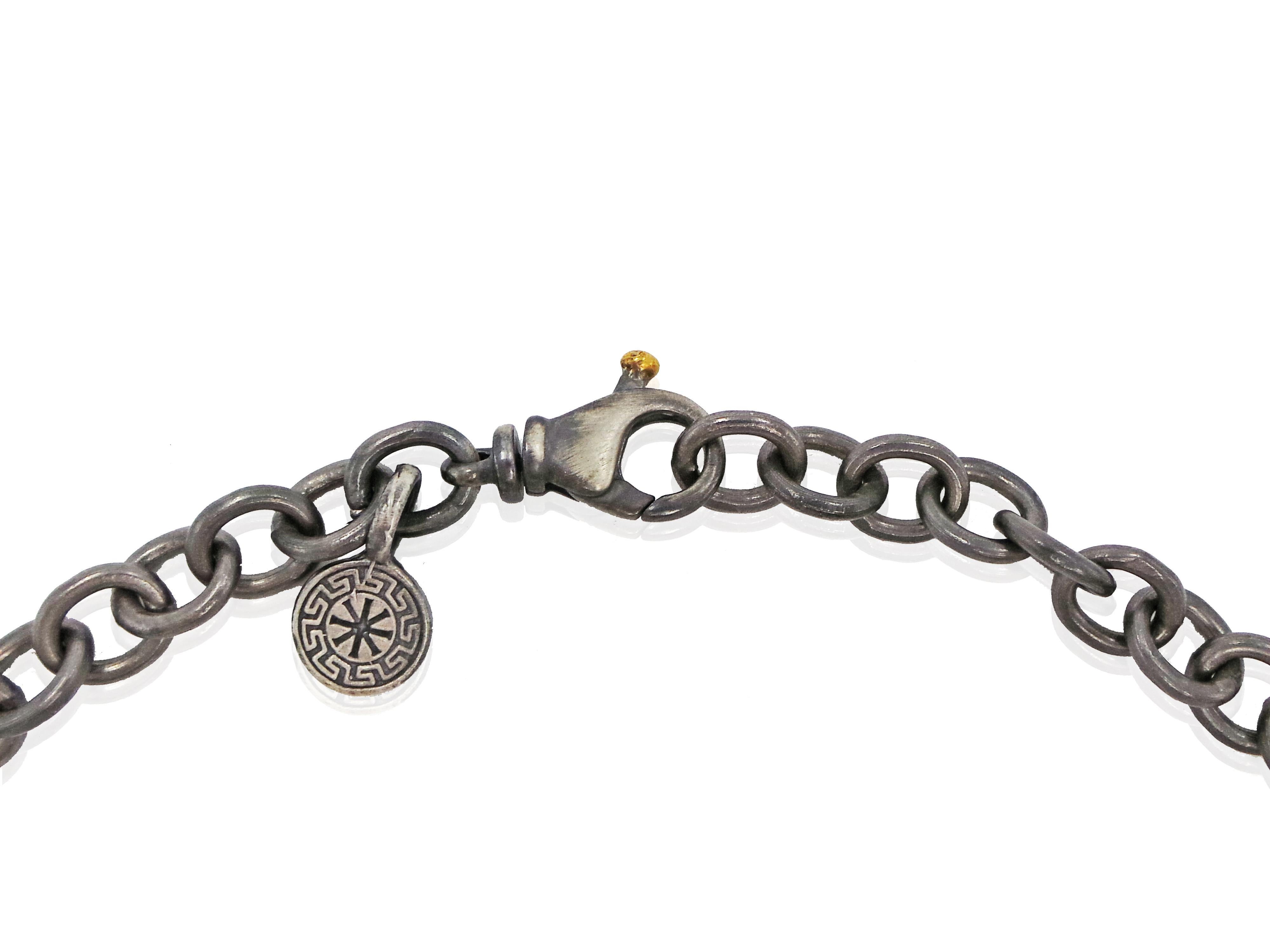 Contemporary Rose-Cut Diamond Filigree Pendant on Oxidized Heavy Chain Necklace For Sale