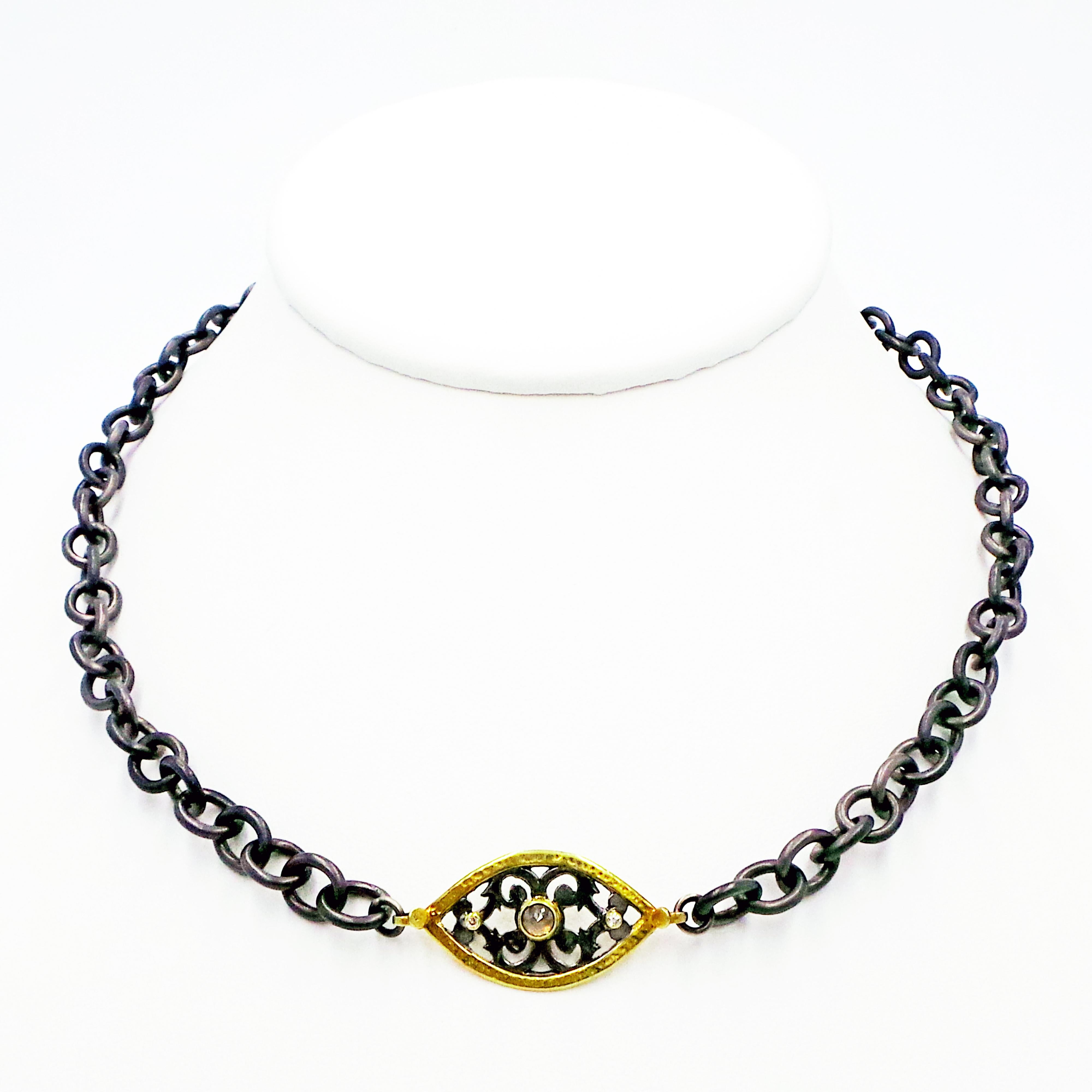 Rose Cut Rose-Cut Diamond Filigree Pendant on Oxidized Heavy Chain Necklace For Sale