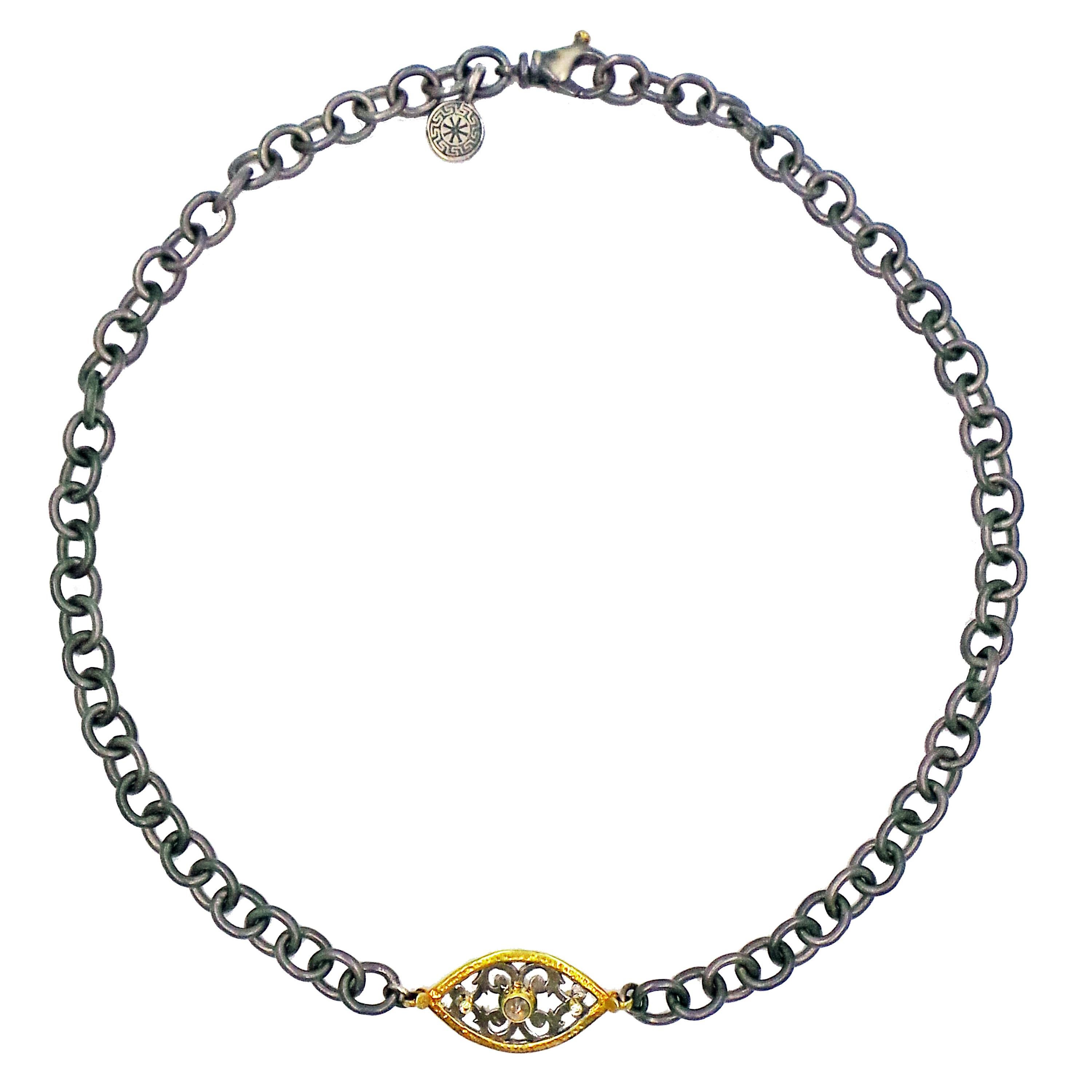 Rose-Cut Diamond Filigree Pendant on Oxidized Heavy Chain Necklace