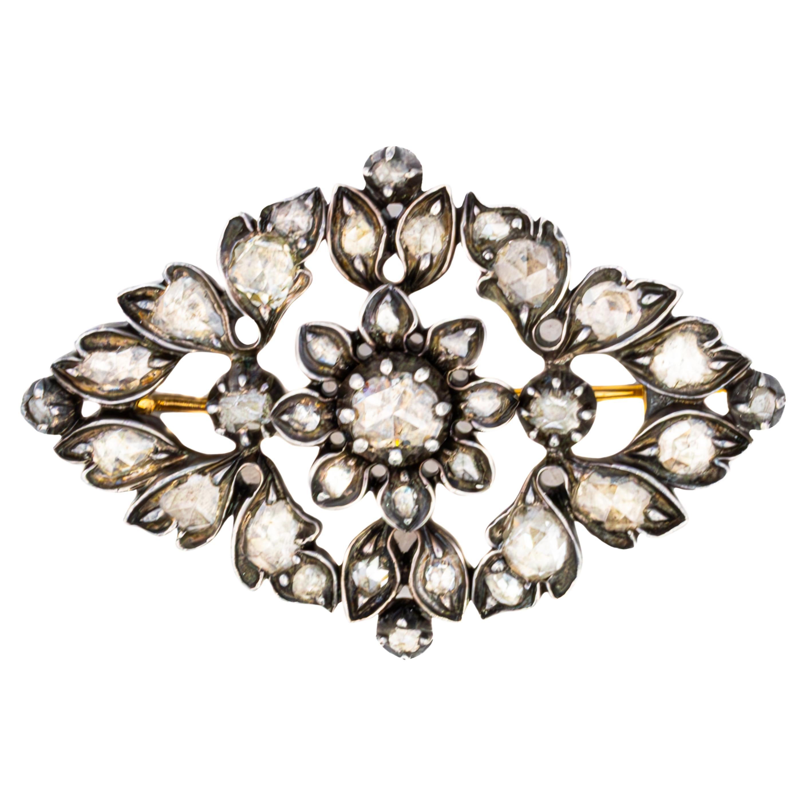 Rose-Cut Diamond Floral Brooch in Silver-Topped Gold