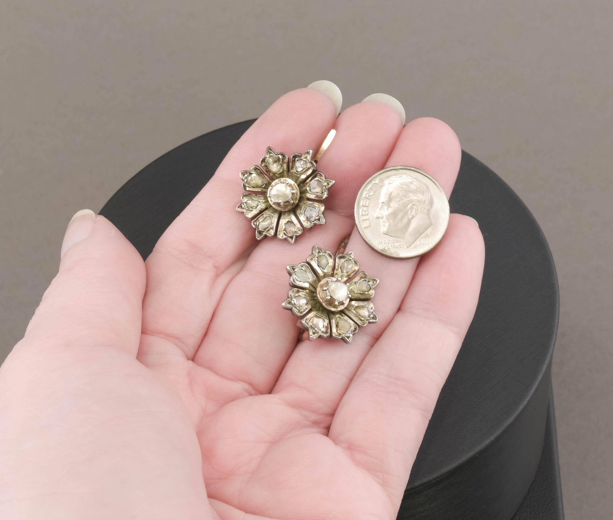 Rose Cut Diamond Flower Earrings in Gold & Silver, Rustic Georgian Style For Sale 6