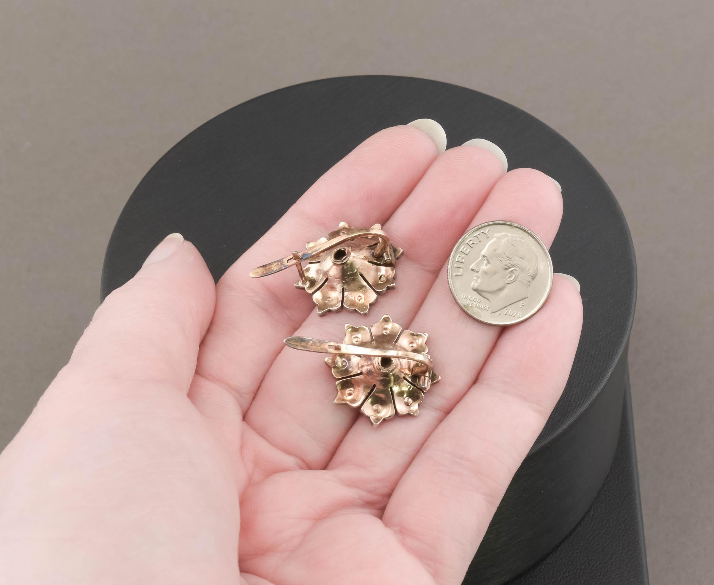 Rose Cut Diamond Flower Earrings in Gold & Silver, Rustic Georgian Style For Sale 8