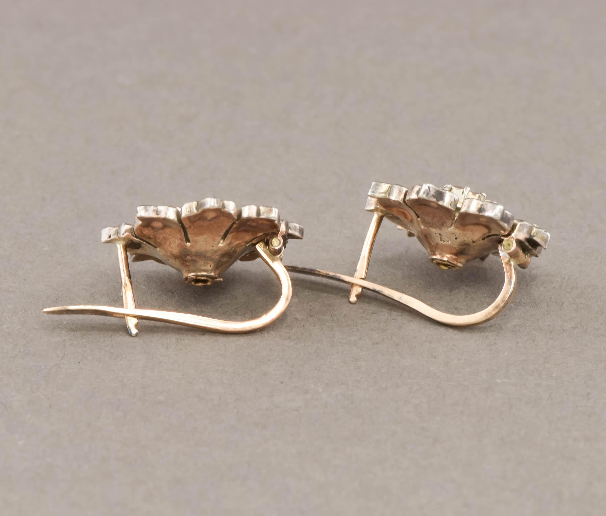 Rose Cut Diamond Flower Earrings in Gold & Silver, Rustic Georgian Style In Fair Condition For Sale In Danvers, MA