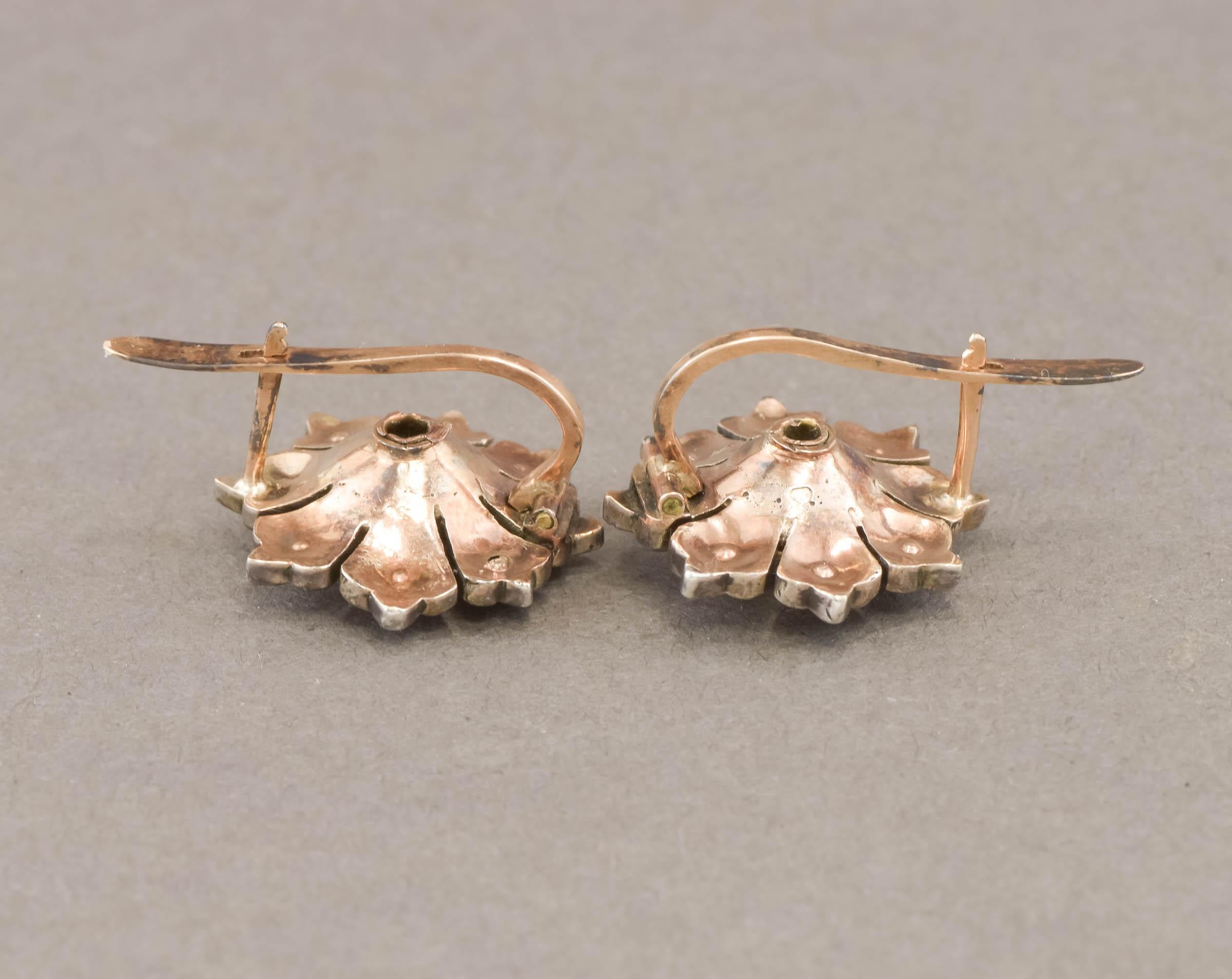 Women's Rose Cut Diamond Flower Earrings in Gold & Silver, Rustic Georgian Style For Sale