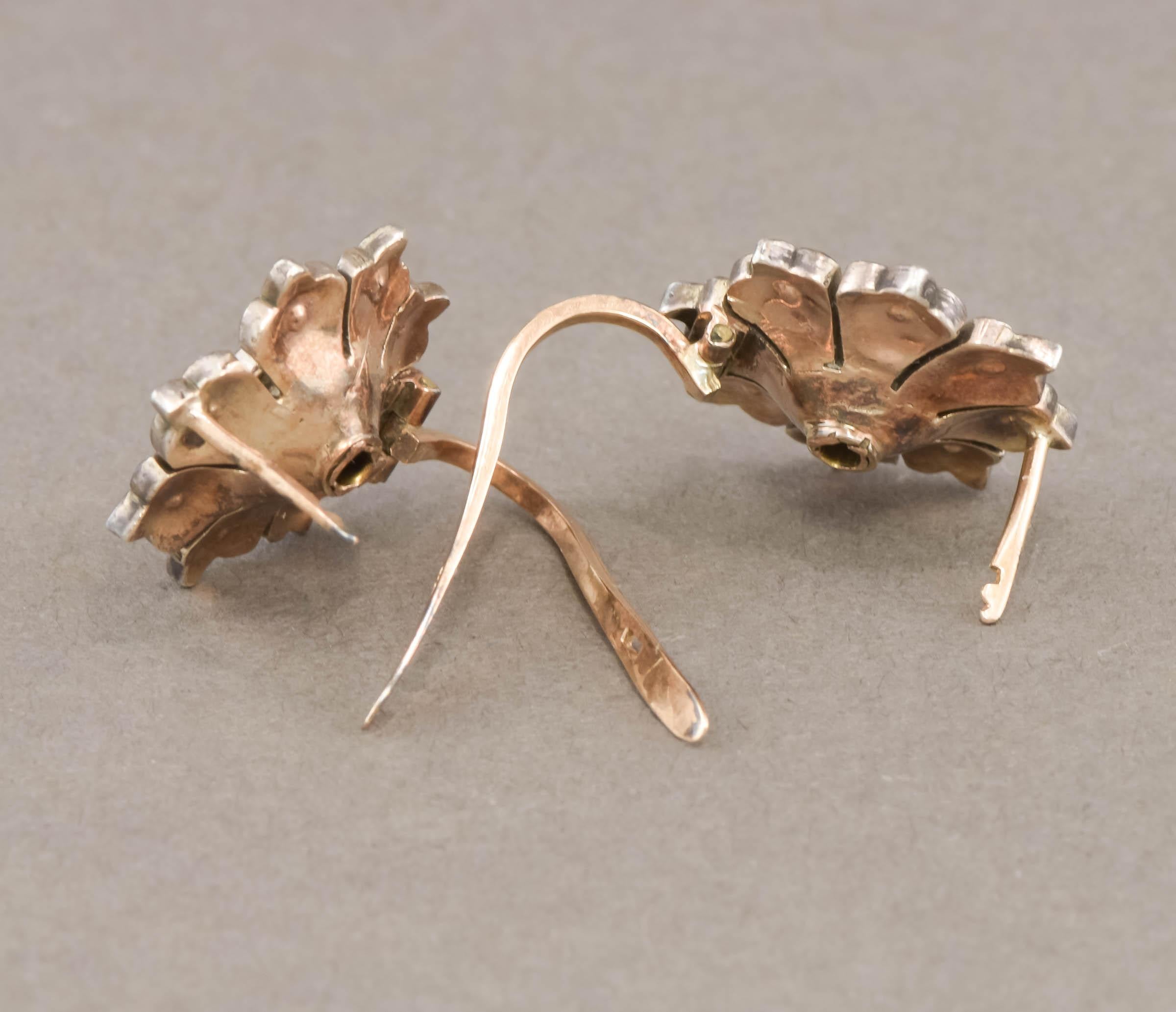 Rose Cut Diamond Flower Earrings in Gold & Silver, Rustic Georgian Style For Sale 1