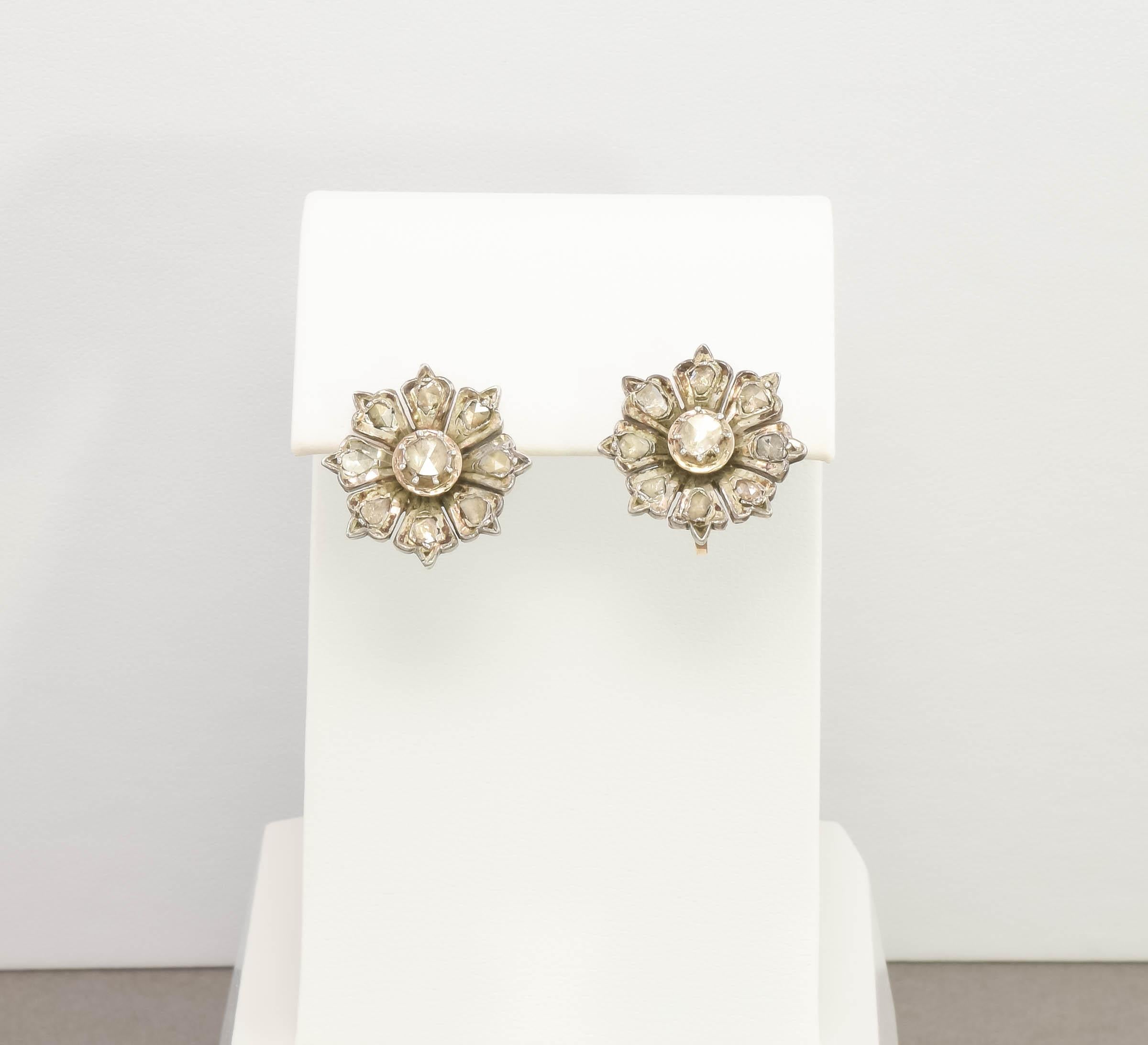 Rose Cut Diamond Flower Earrings in Gold & Silver, Rustic Georgian Style For Sale 3