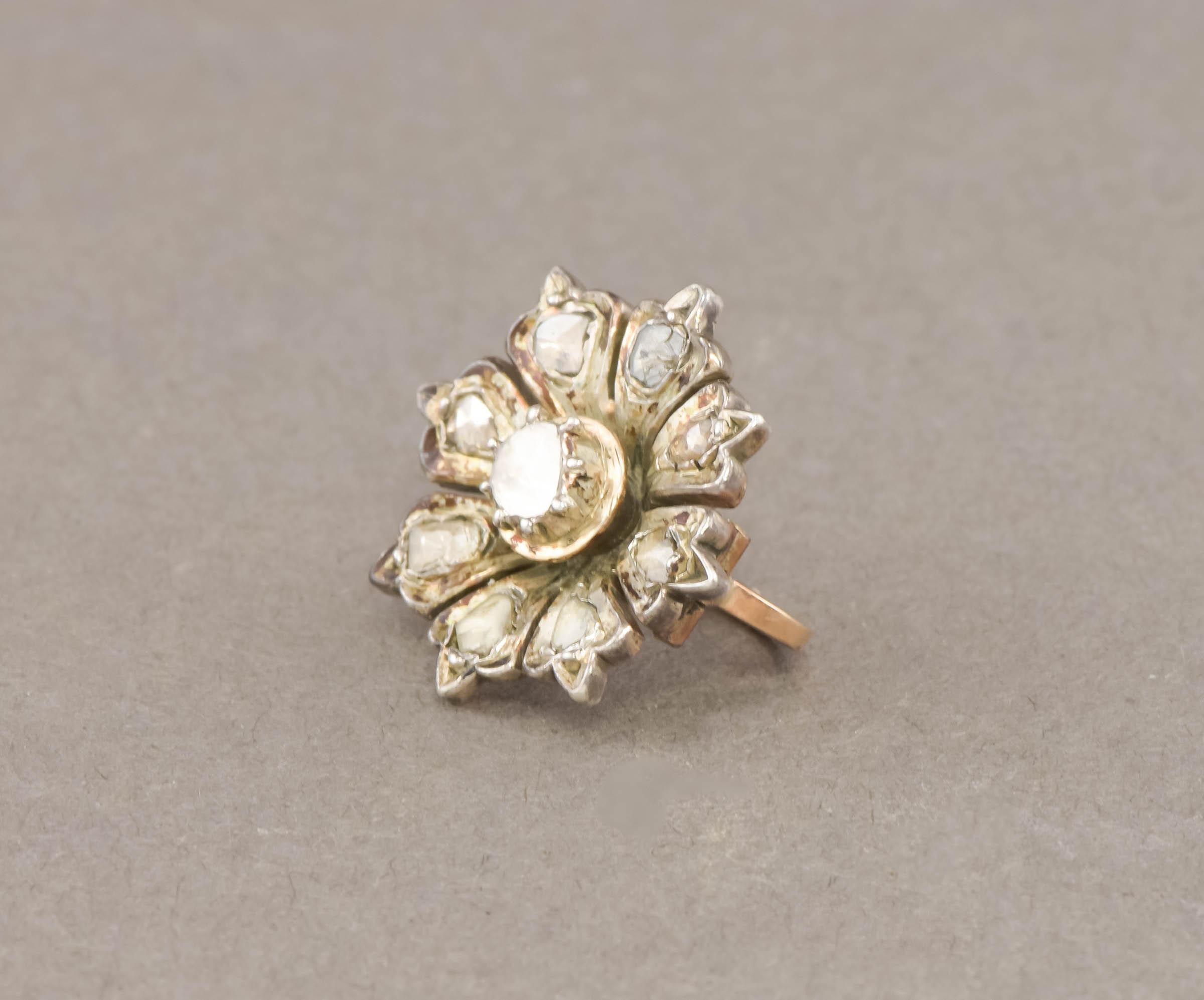 Rose Cut Diamond Flower Earrings in Gold & Silver, Rustic Georgian Style For Sale 4