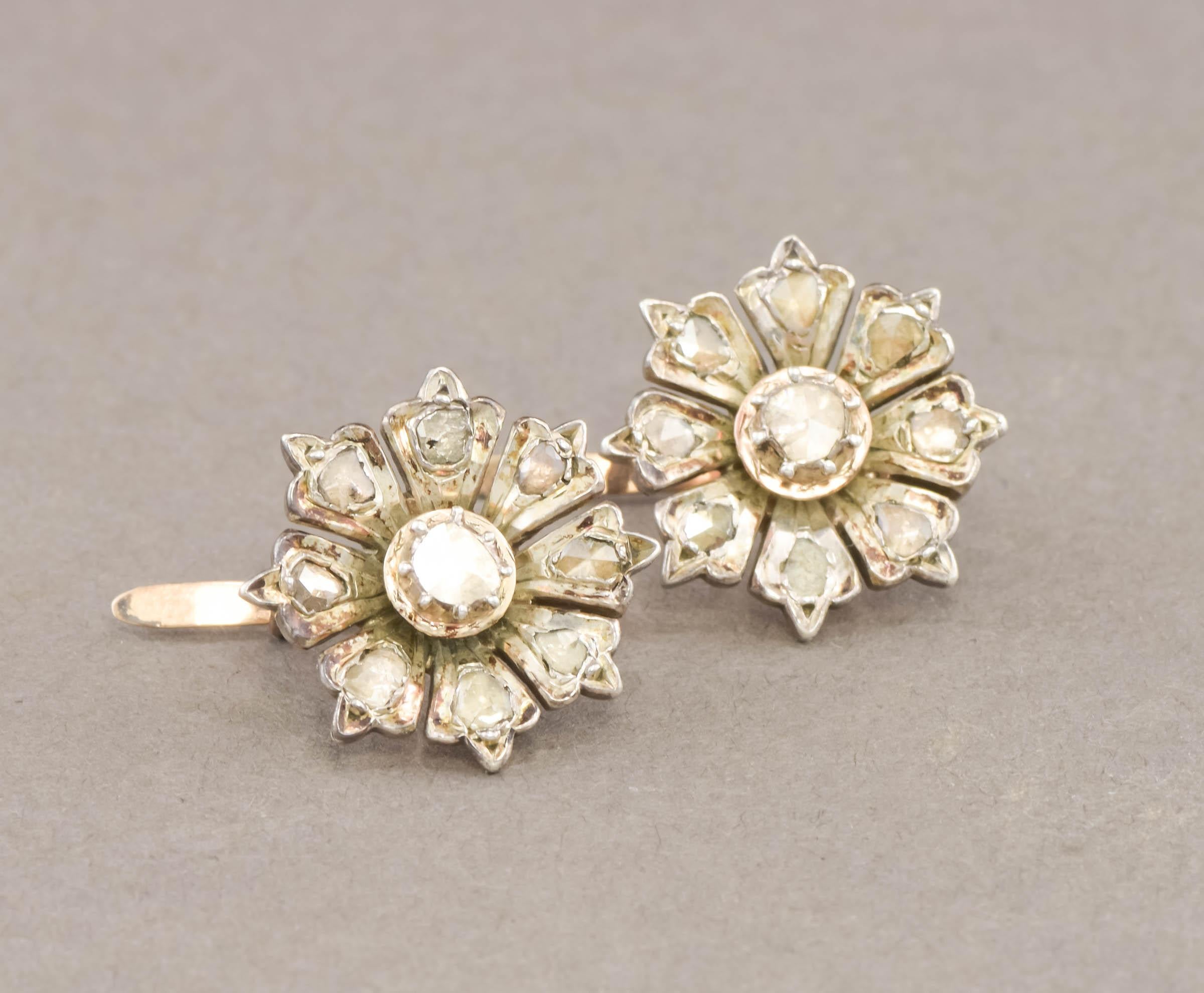 Rose Cut Diamond Flower Earrings in Gold & Silver, Rustic Georgian Style For Sale 5