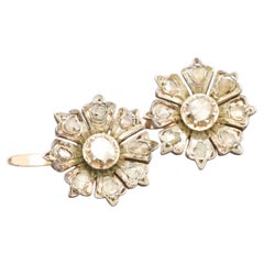 Rose Cut Diamond Flower Earrings in Gold & Silver, Rustic Georgian Style