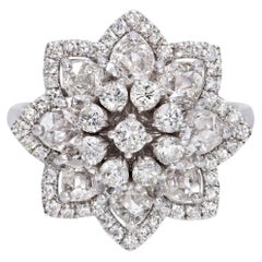 Rose Cut Diamond Flower Ring 2.45 Carats 18K White Gold