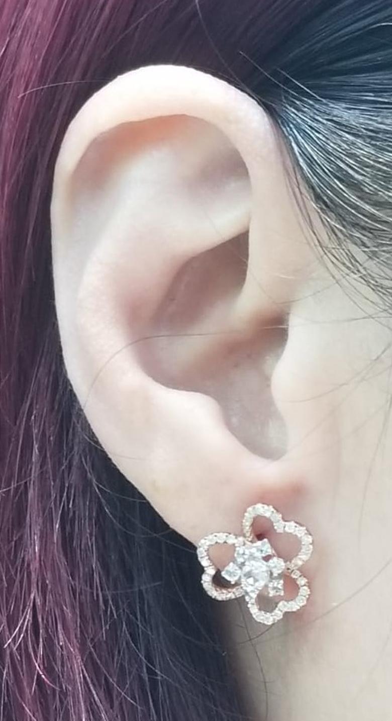 Women's Rose Cut Diamond Flower Stud Earrings in 18K Rose and White Gold For Sale