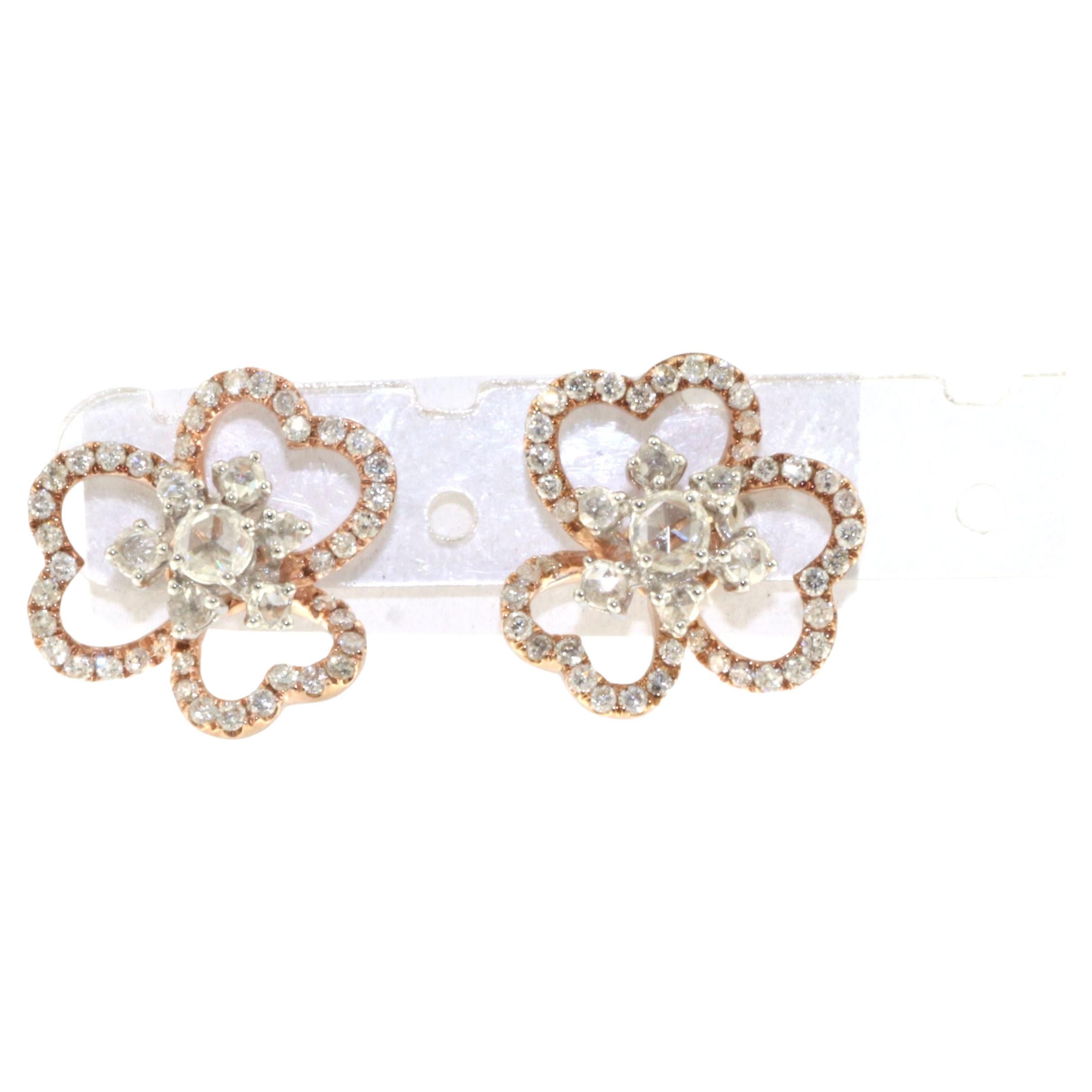 Rose Cut Diamond Flower Stud Earrings in 18K Rose and White Gold For Sale