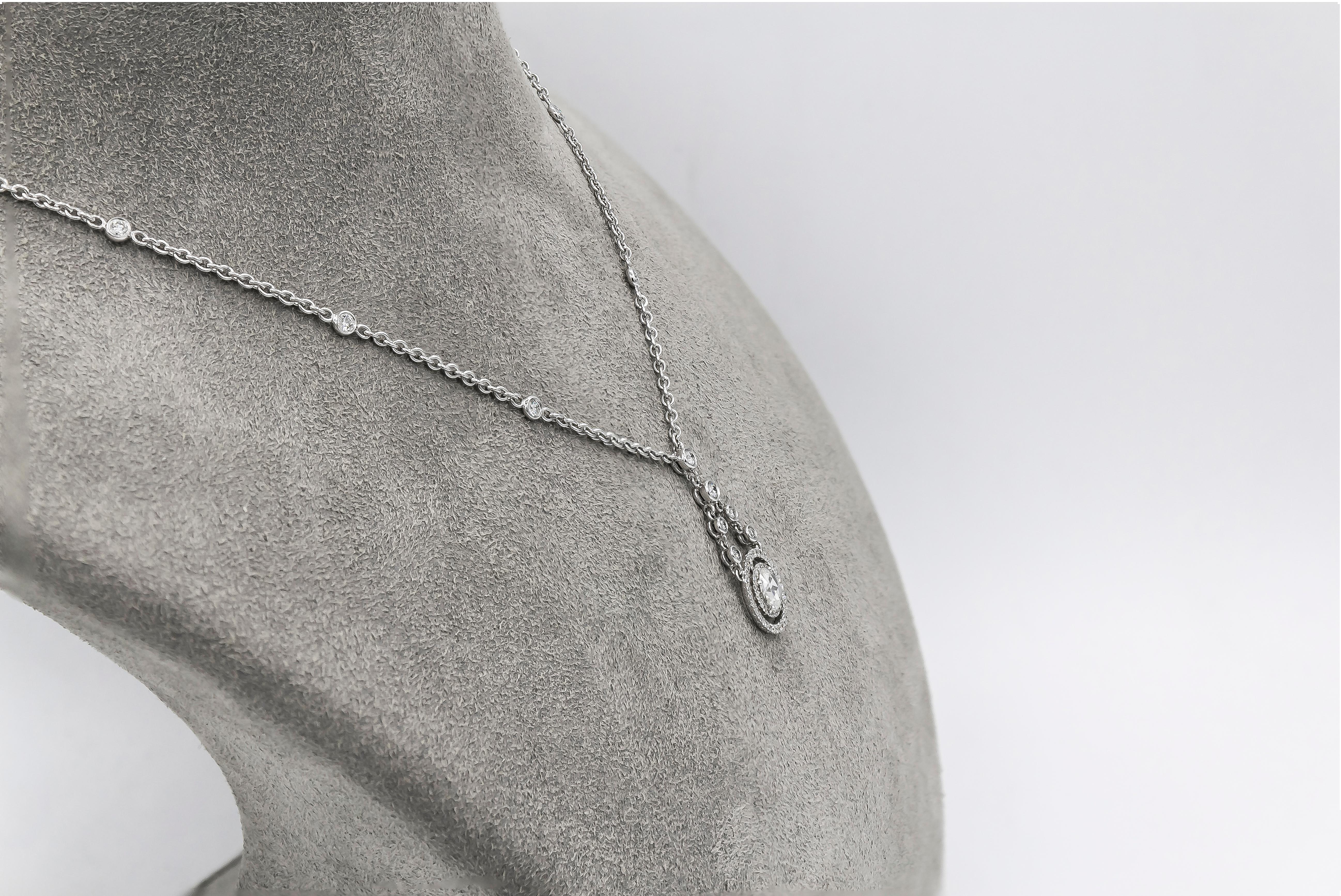 Roman Malakov Rose Cut Diamond Halo Drop Pendant Necklace In New Condition In New York, NY