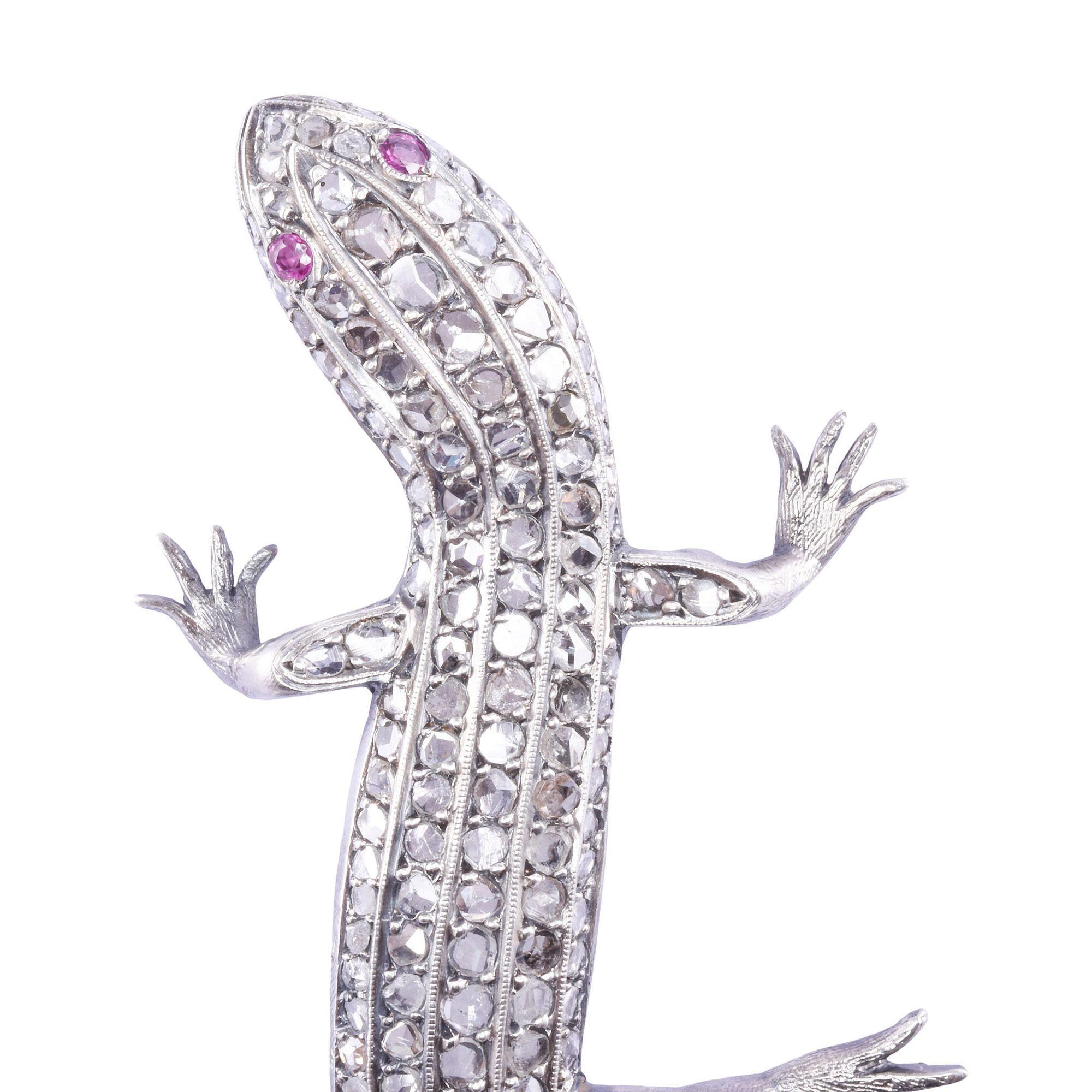 Women's Rose Cut Diamond Handmade Lizard Brooch For Sale