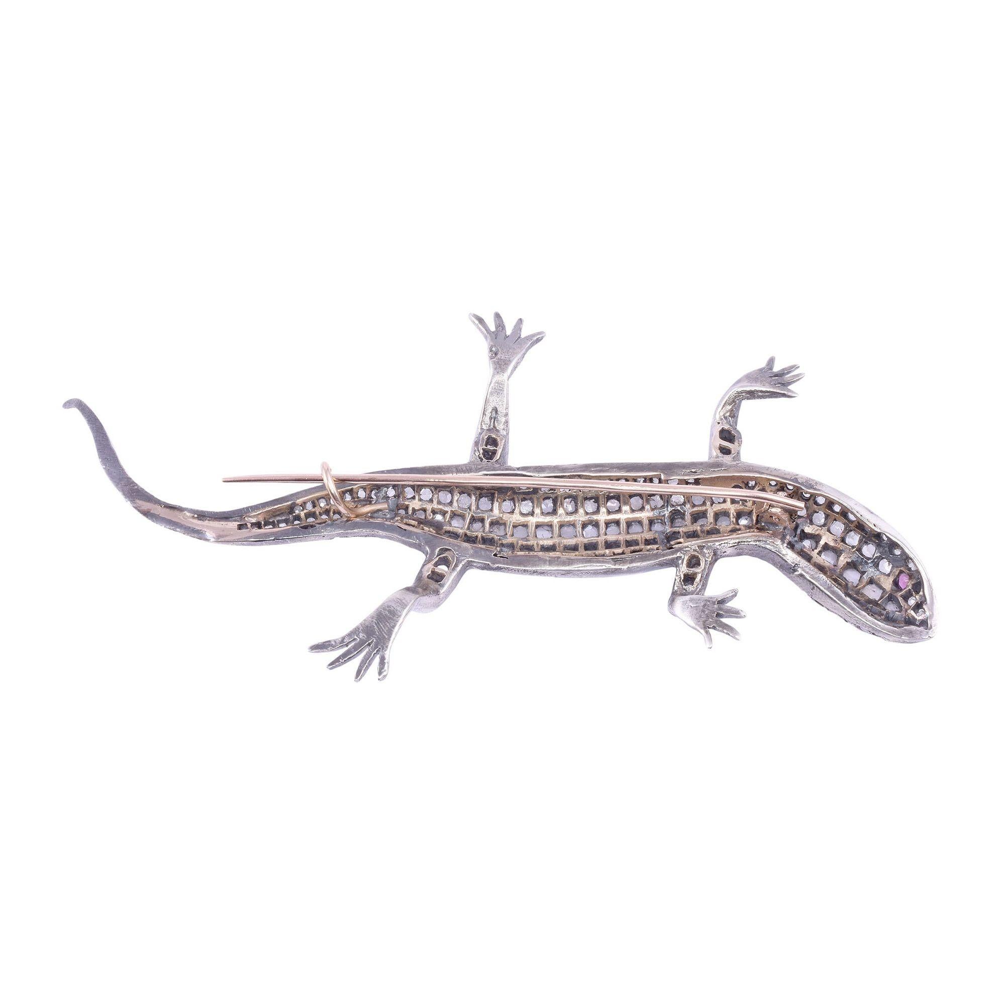 Rose Cut Diamond Handmade Lizard Brooch For Sale 1