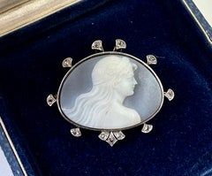 Rose Cut Diamond Hardstone Cameo Goddess Woman Brooch Platinum Gold Art Nouveau