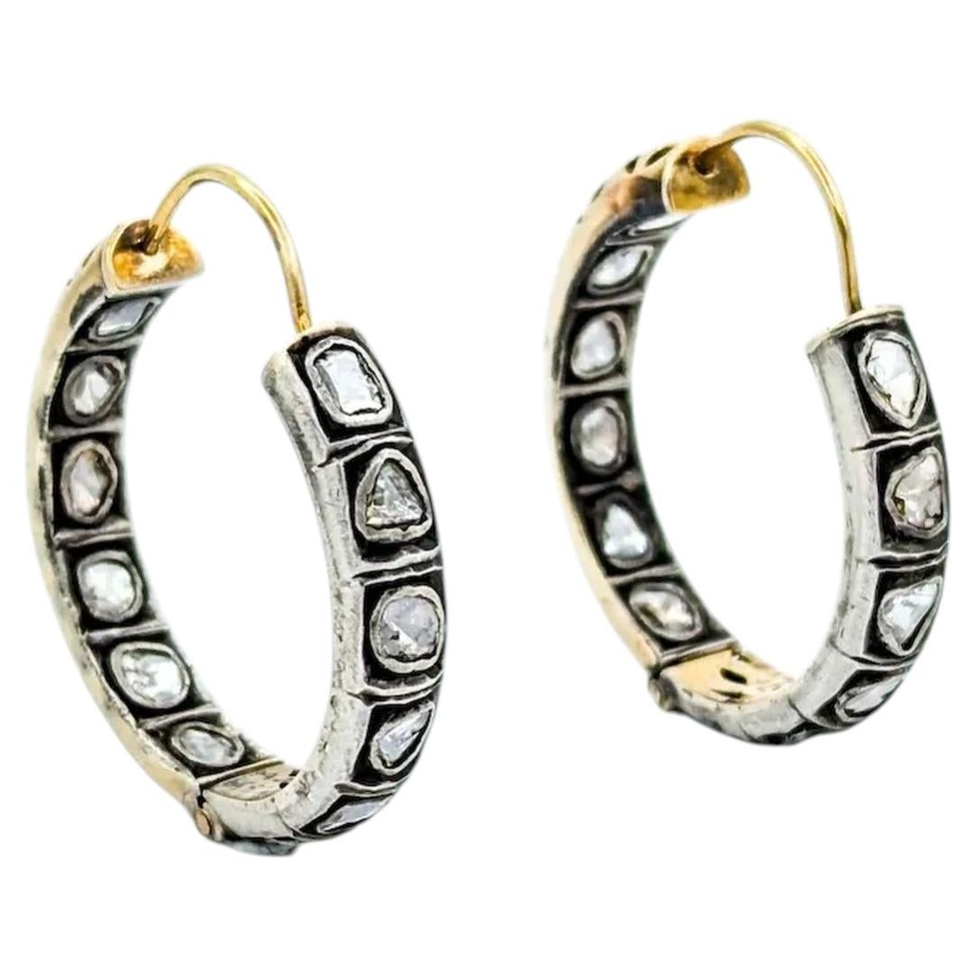 Rose Cut Diamond Hoop Earrings in 14k Yellow Gold Over Sterling Silver
