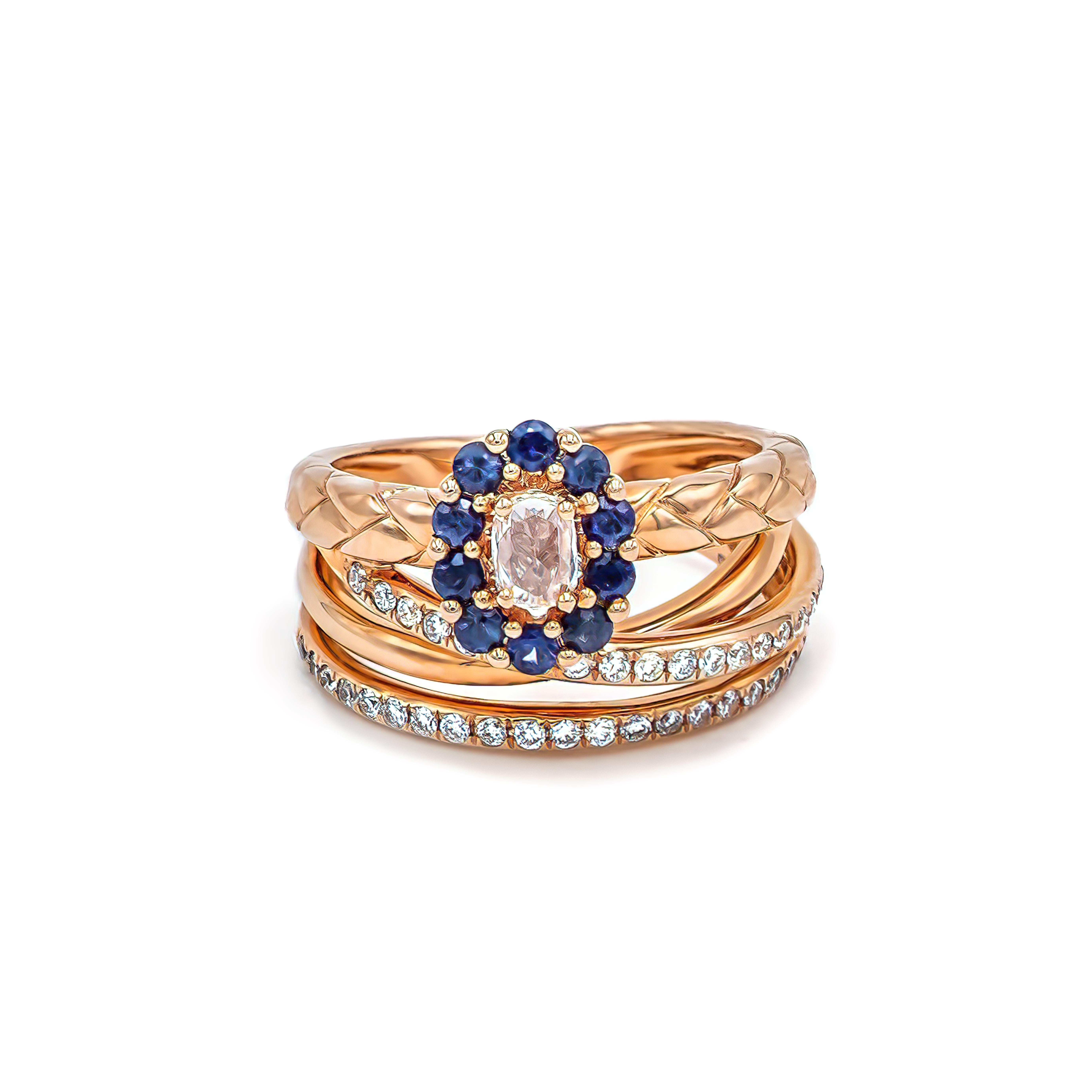 Artisan Rose Cut Diamond in Blue Sapphire Halo Set in 18k Gold & Dia Fancy Cocktail Ring For Sale