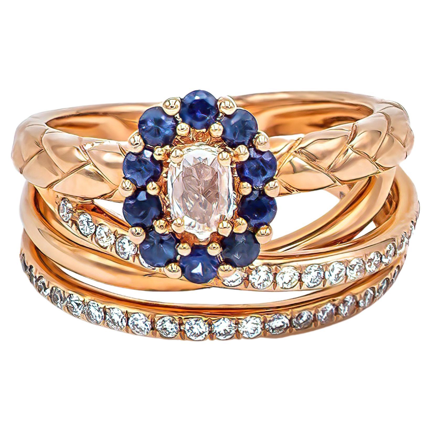 Rose Cut Diamond in Blue Sapphire Halo Set in 18k Gold & Dia Fancy Cocktail Ring For Sale