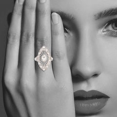 Marquise Shaped Cocktail Ring Accented With Rose Cut Diamonds In 18k White Gold