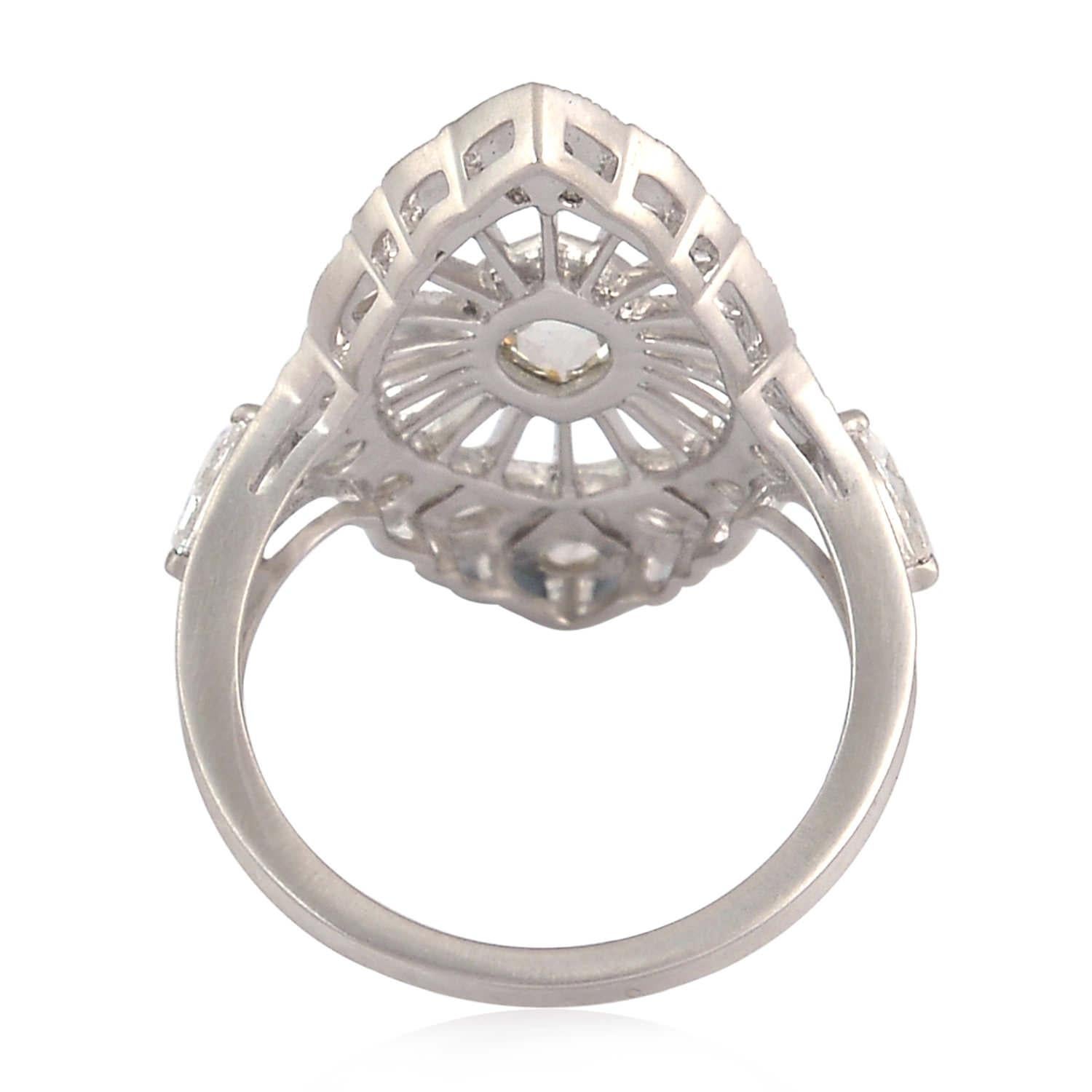 Art Nouveau Marquise Shaped Cocktail Ring Accented With Rose Cut Diamonds In 18k White Gold For Sale