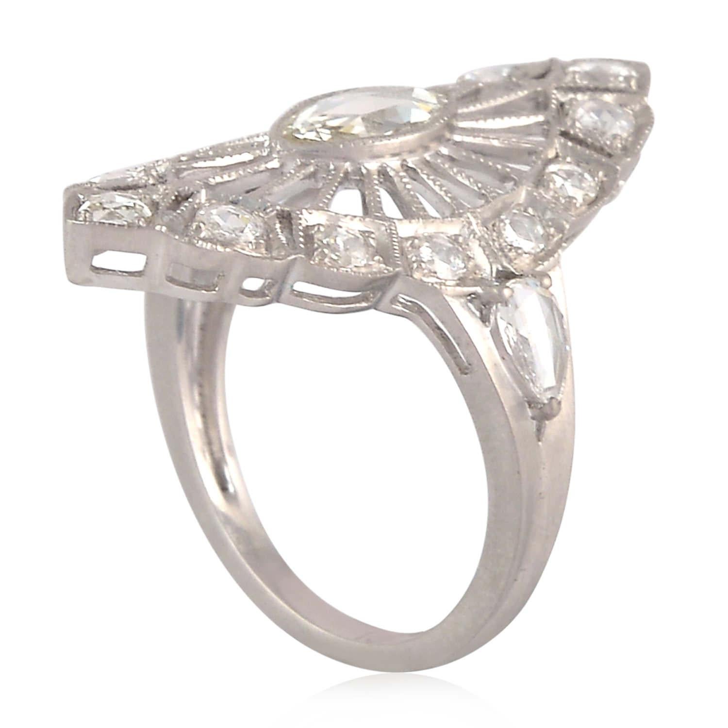 Mixed Cut Marquise Shaped Cocktail Ring Accented With Rose Cut Diamonds In 18k White Gold For Sale
