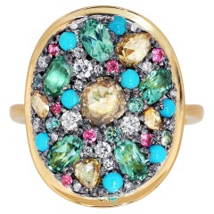 Rose Cut Diamond Mint Tourmaline Turquoise Pink Spinel Alexandrite Pavé Ring