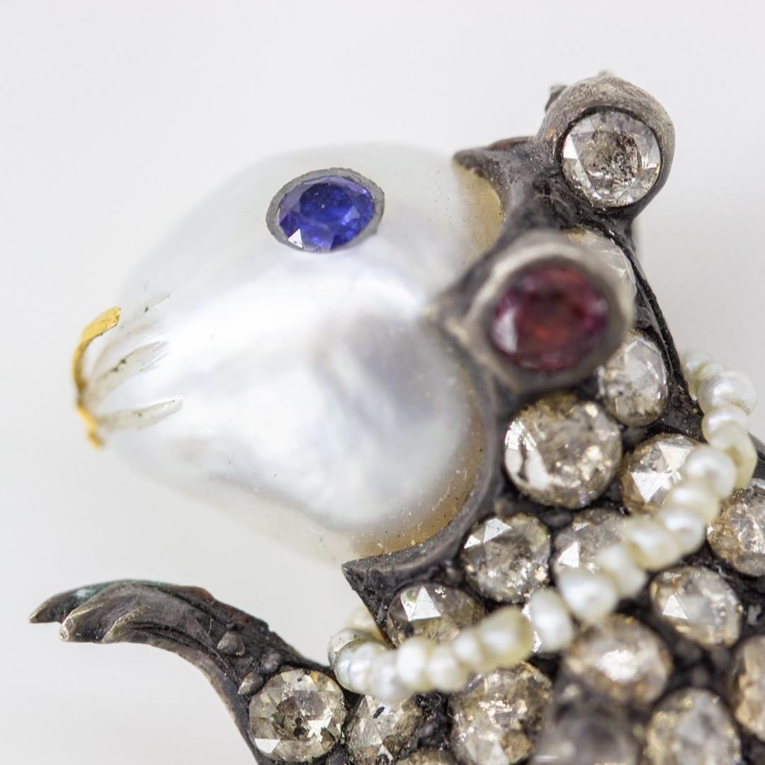 Vintage Early Victorian Rose-cut Diamond Mouse with Neckless Pearl , Blue Sapphire and Ruby 
set in silver.