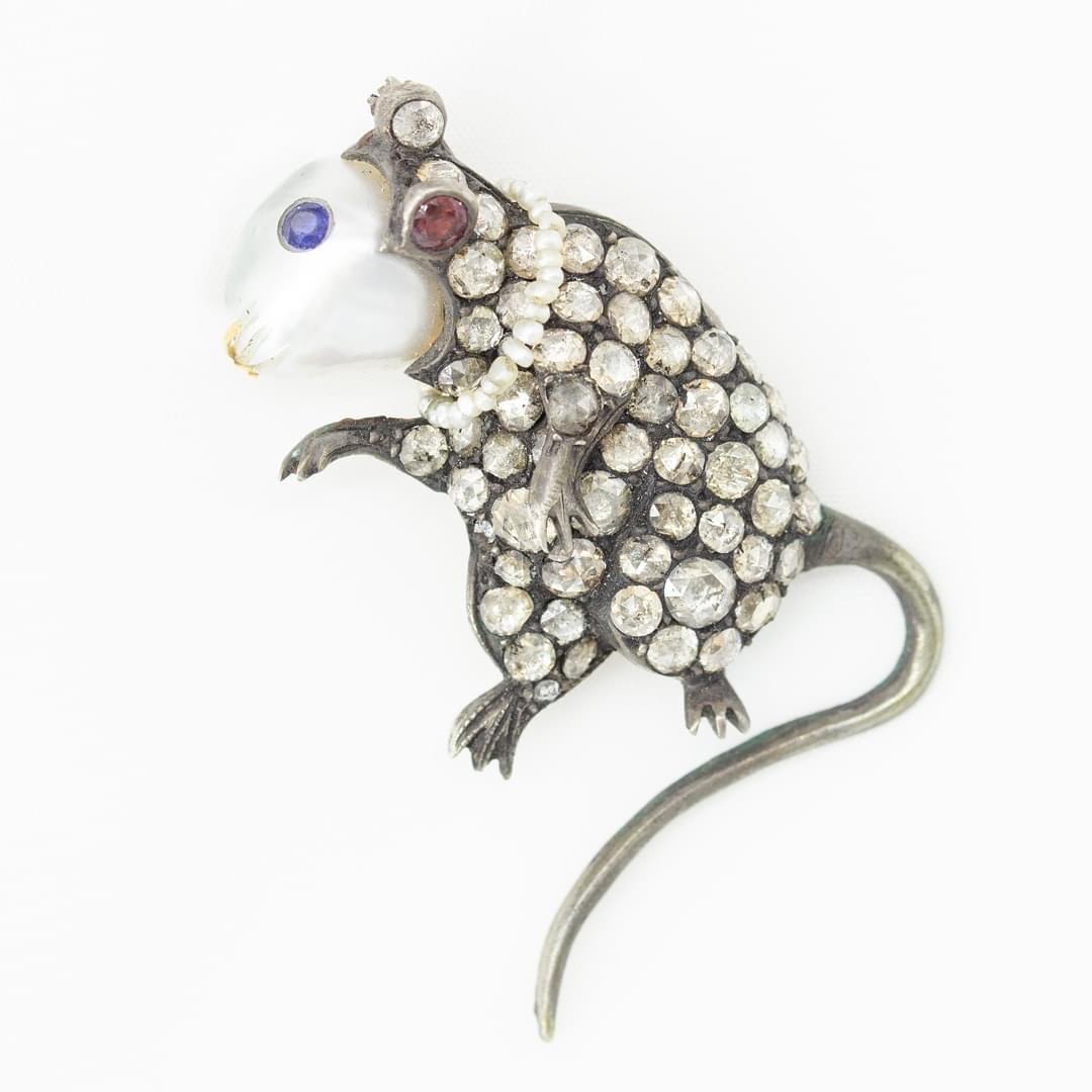 Women's or Men's Rose Cut Diamond Mouse Brooch For Sale