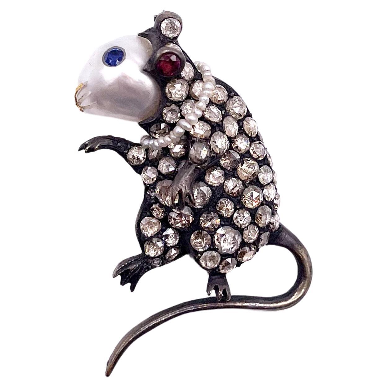 Rose Cut Diamond Mouse Brooch For Sale