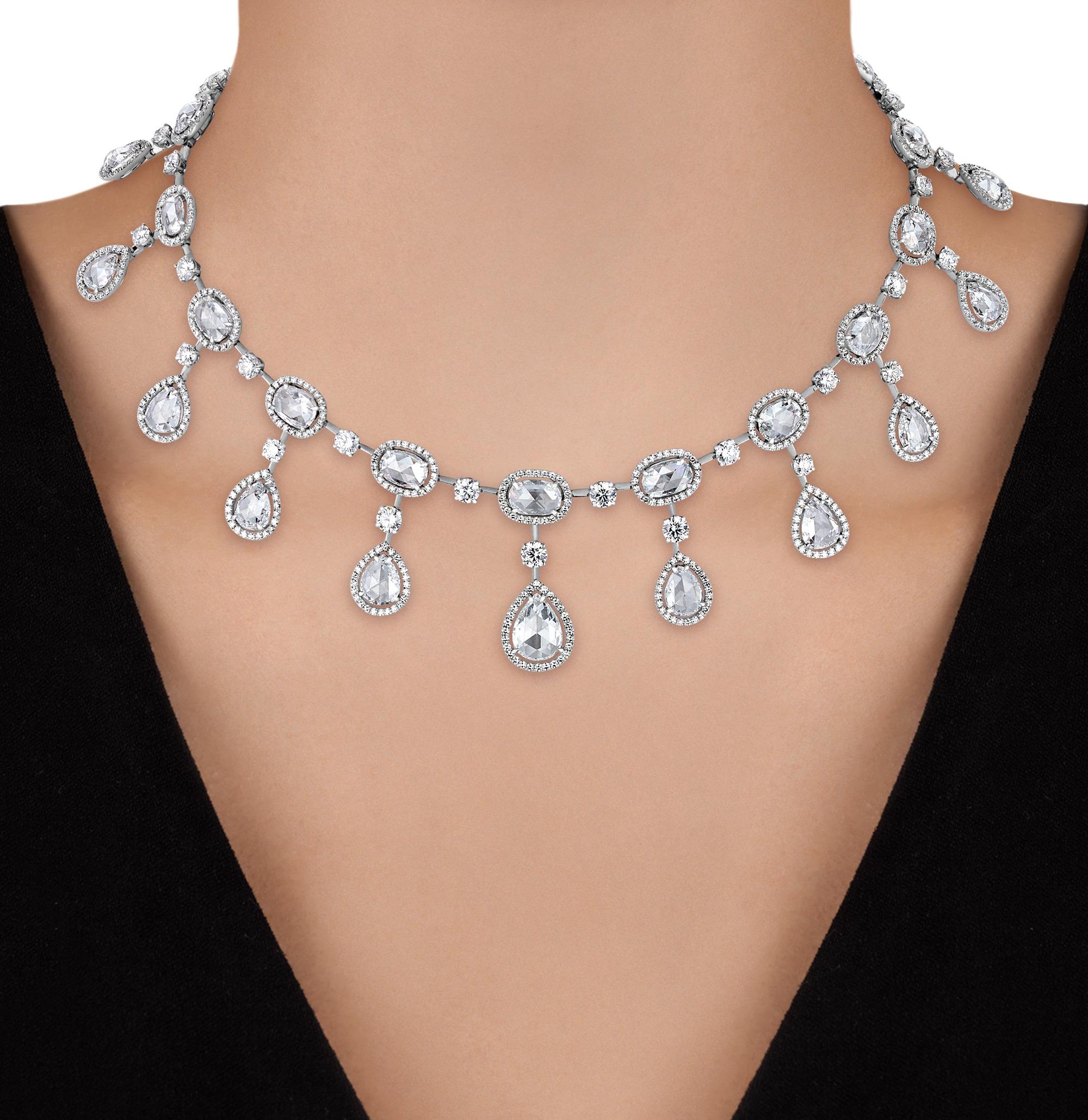 Women's Rose Cut Diamond Necklace And Earrings, 61.28 Carats For Sale