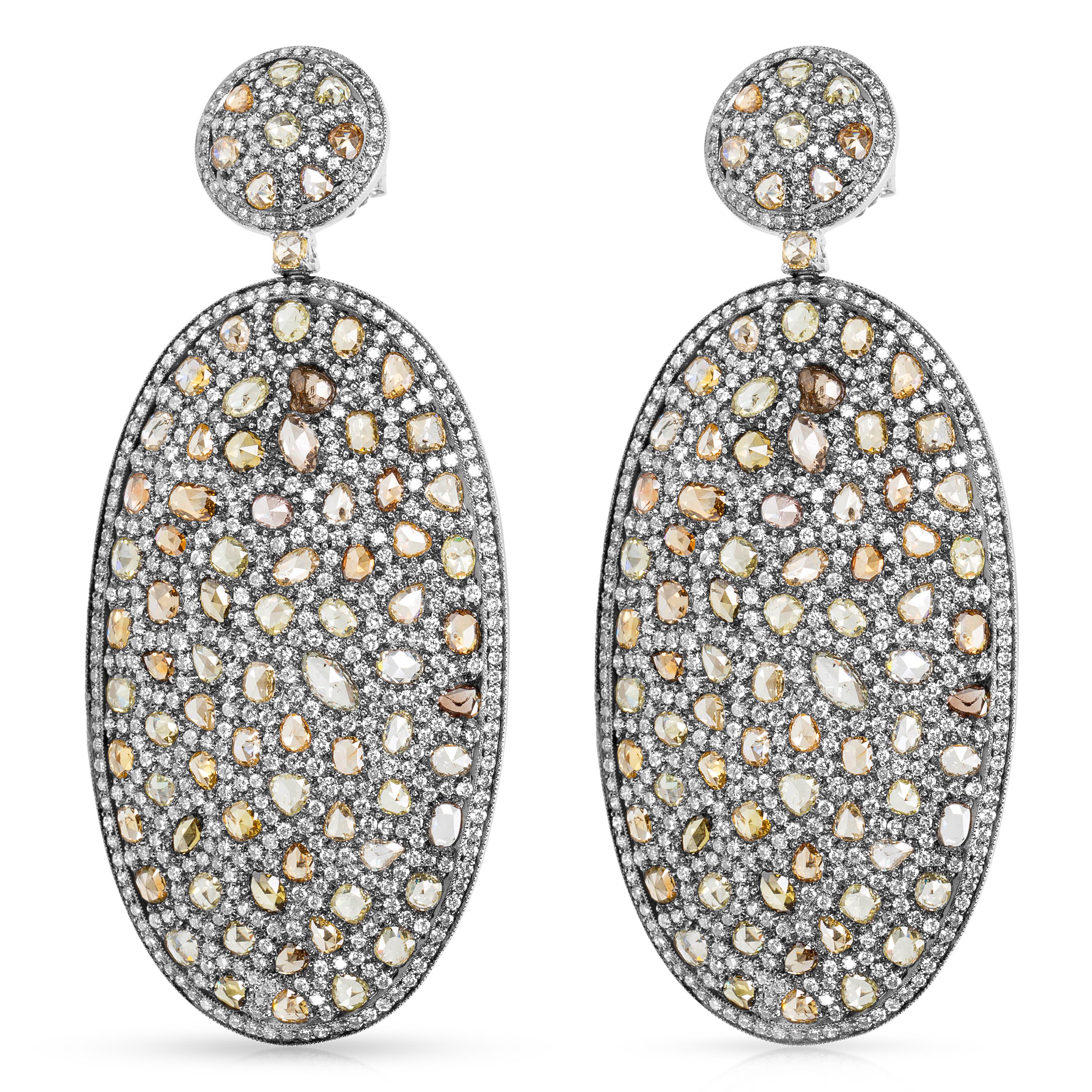 Modern Rose Cut Diamond Oval Drop Earrings in 16 Karat White Gold 21.13 Carat