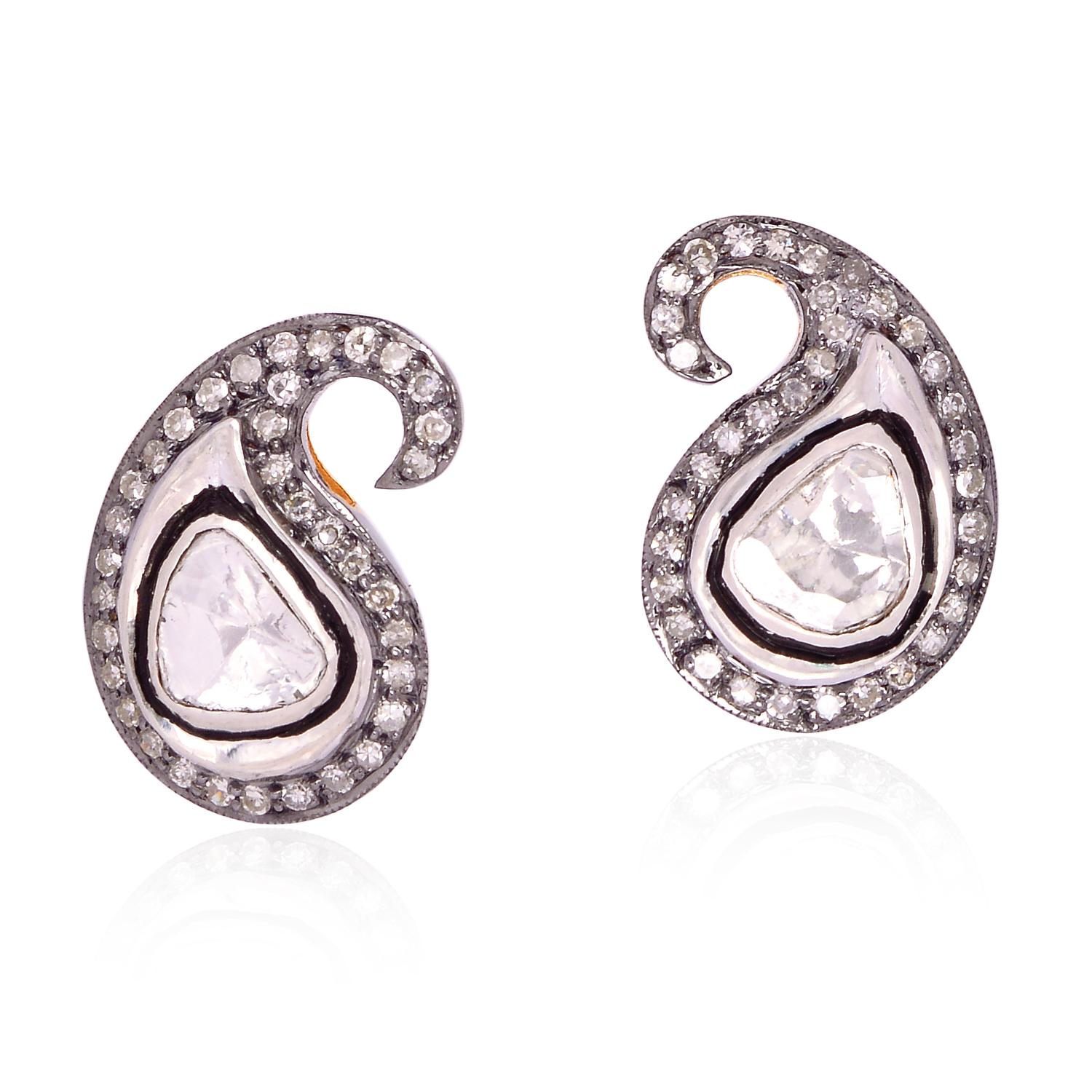 Rose Cut Diamond Paisley Stud Earrings In New Condition For Sale In Hoffman Estate, IL