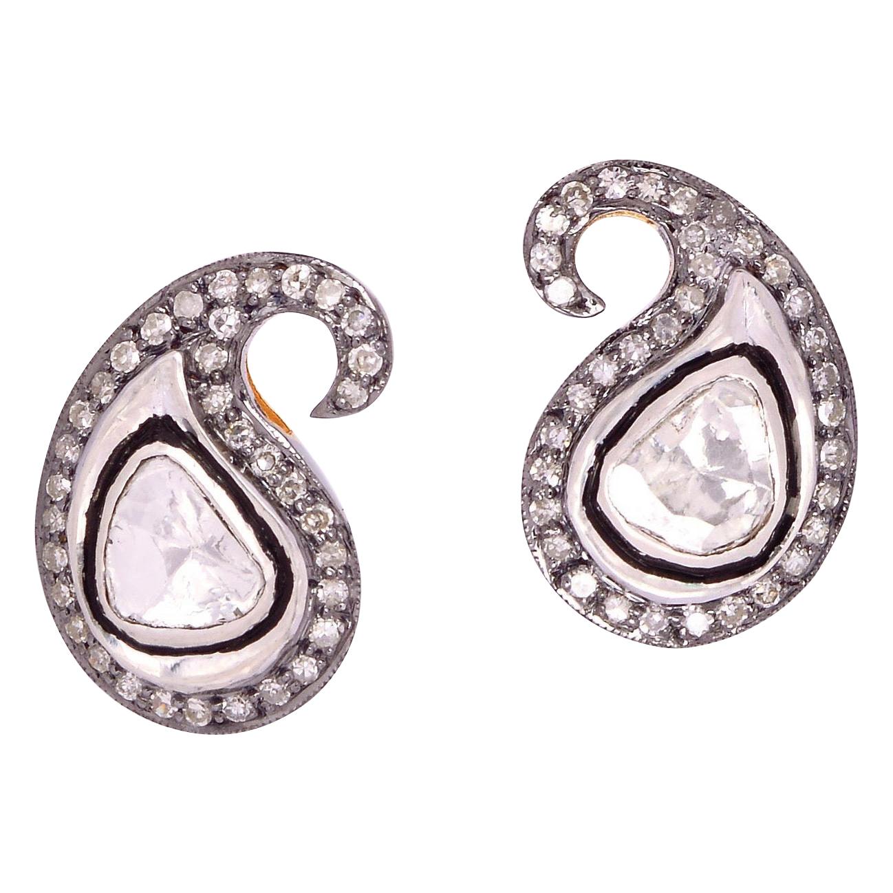 Rose Cut Diamond Paisley Stud Earrings For Sale