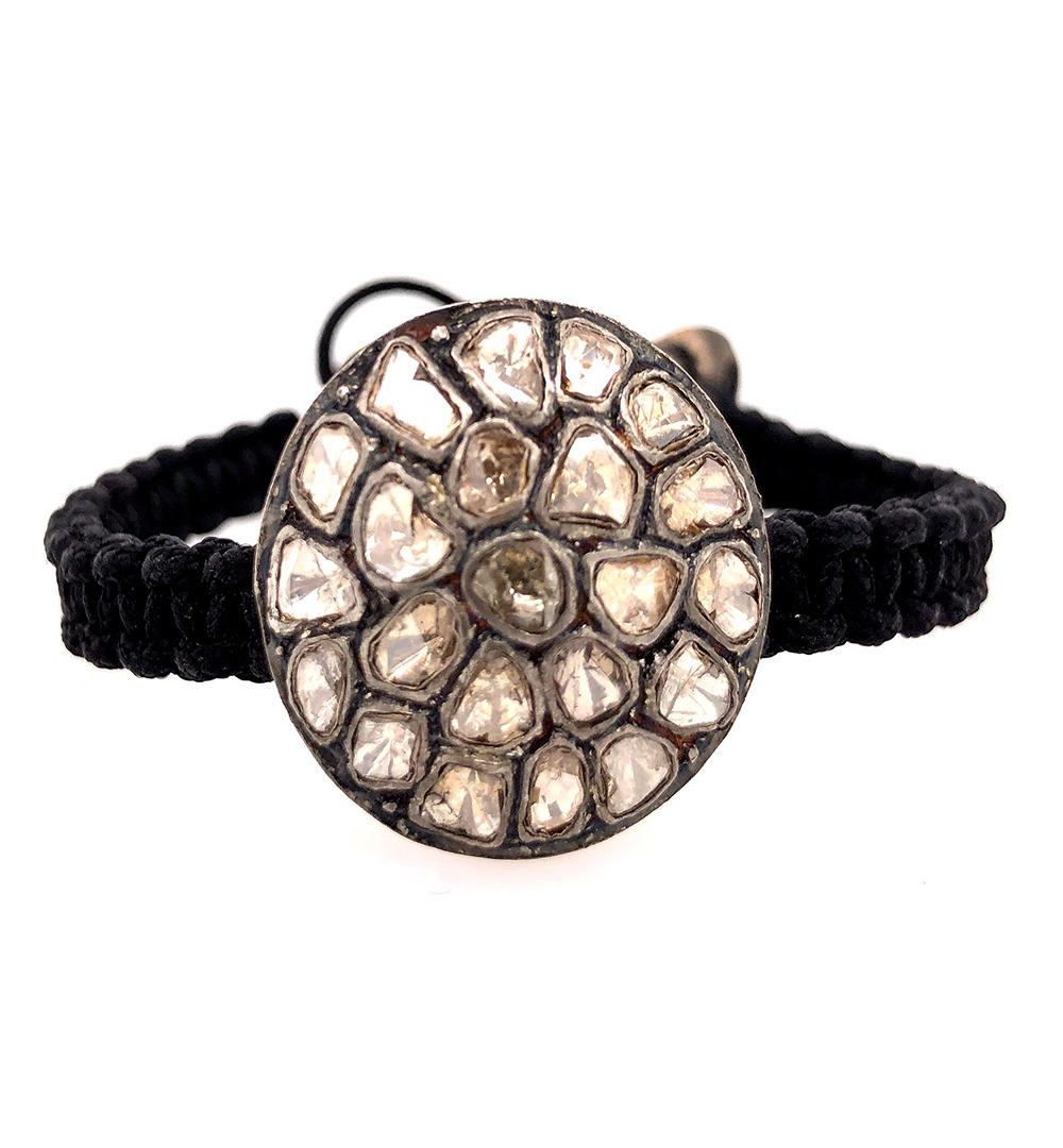Bracelet Macrame en or et argent 18 carats avec disques pavés de diamants taille rose Neuf - En vente à New York, NY