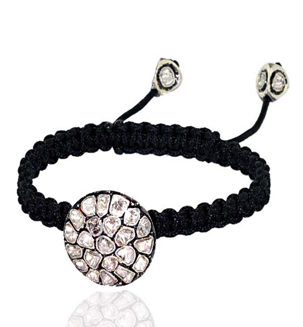 Bracelet Macrame en or et argent 18 carats avec disques pavés de diamants taille rose Pour femmes en vente