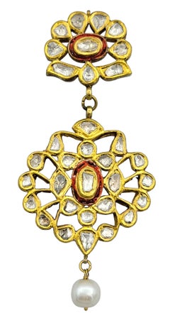 Rose Cut Diamond, Pearl and Red Enamel Chandelier Earrings in 10K Yellow Gold