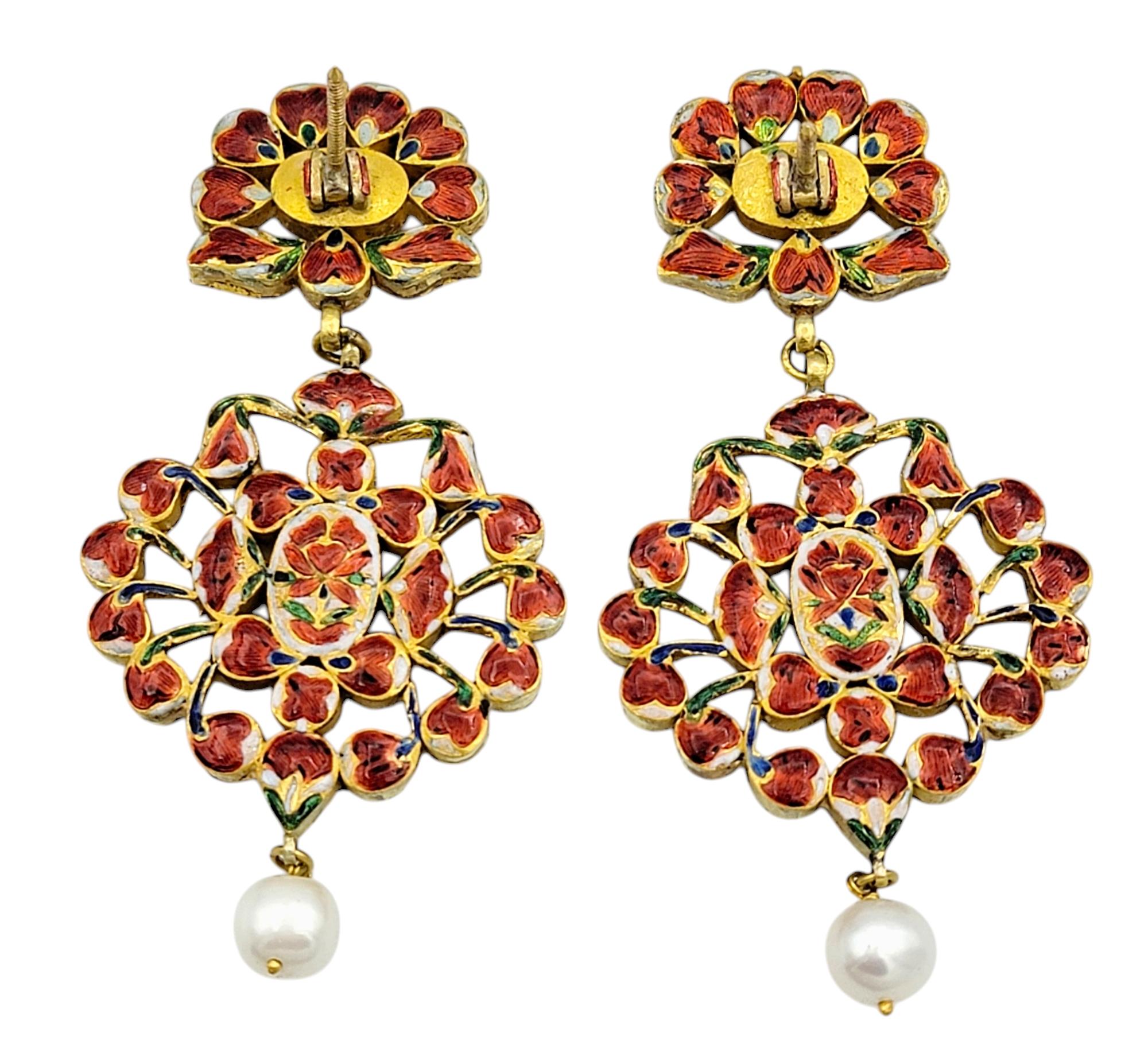 Contemporary Rose Cut Diamond, Pearl and Red Enamel Chandelier Earrings in 10K Yellow Gold For Sale