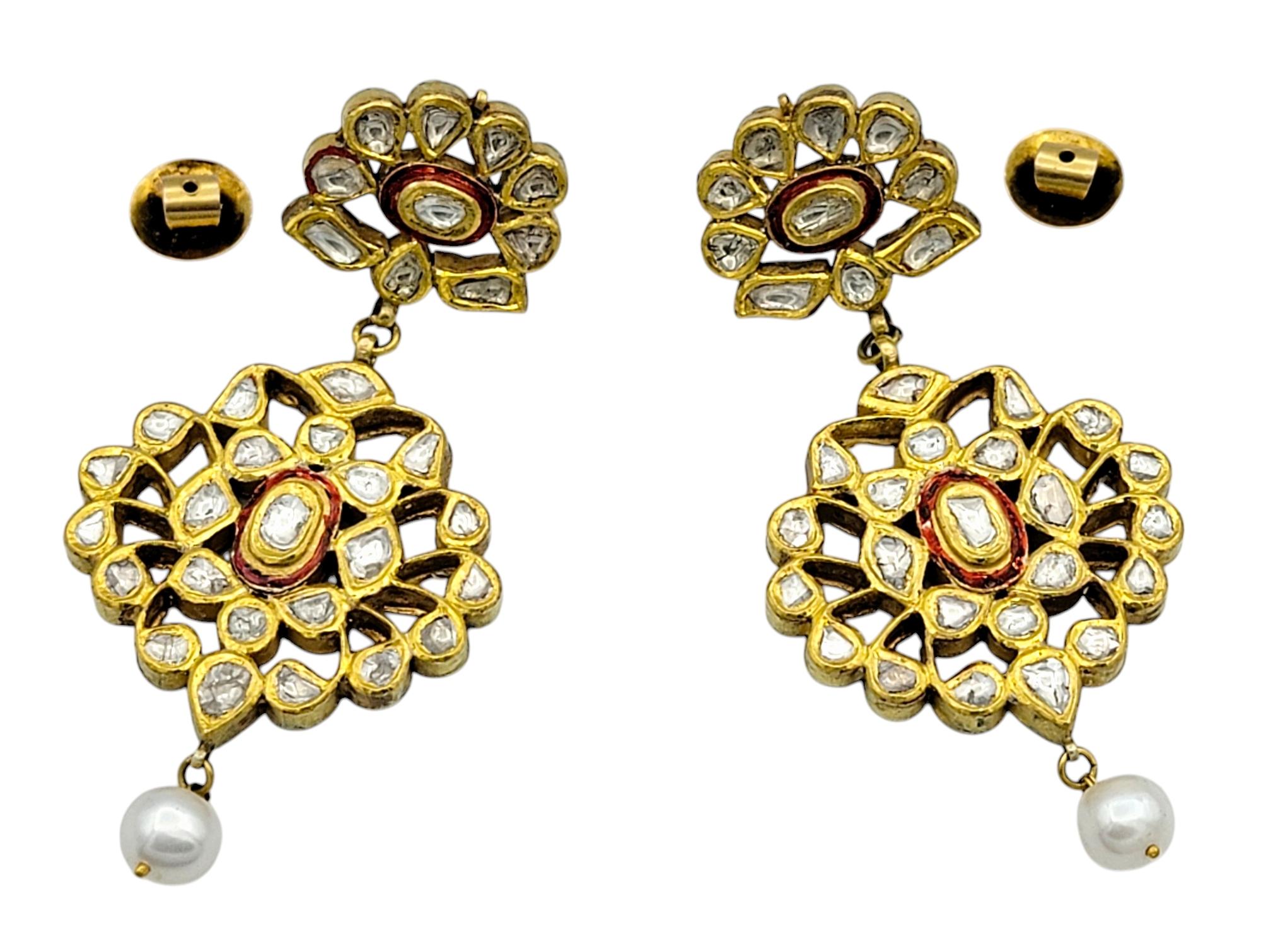 Rose Cut Diamond, Pearl and Red Enamel Chandelier Earrings in 10K Yellow Gold In Good Condition For Sale In Scottsdale, AZ