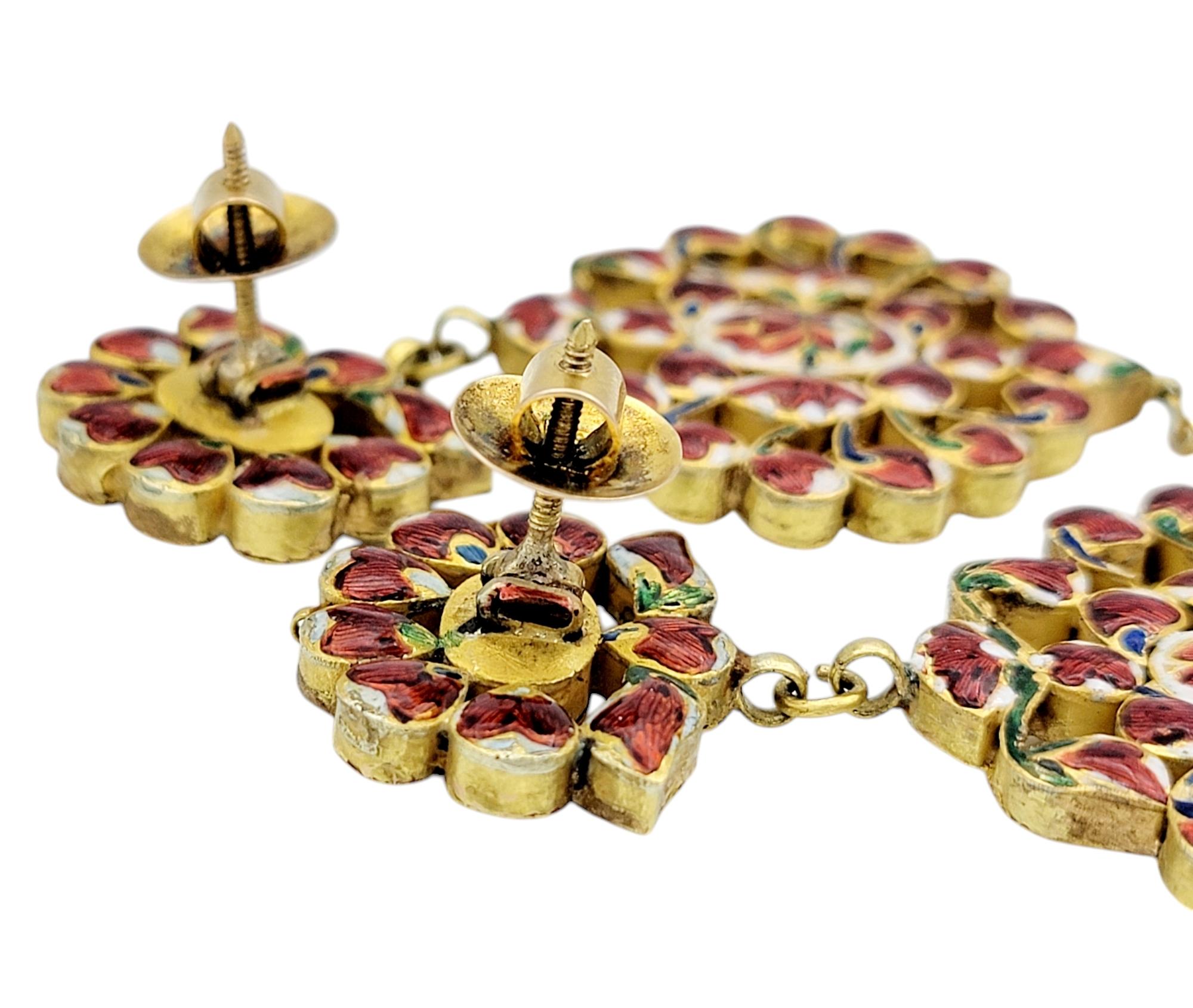 Women's Rose Cut Diamond, Pearl and Red Enamel Chandelier Earrings in 10K Yellow Gold For Sale