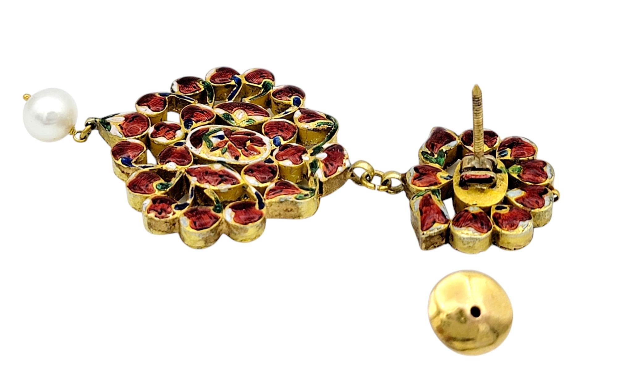 Rose Cut Diamond, Pearl and Red Enamel Chandelier Earrings in 10K Yellow Gold For Sale 1