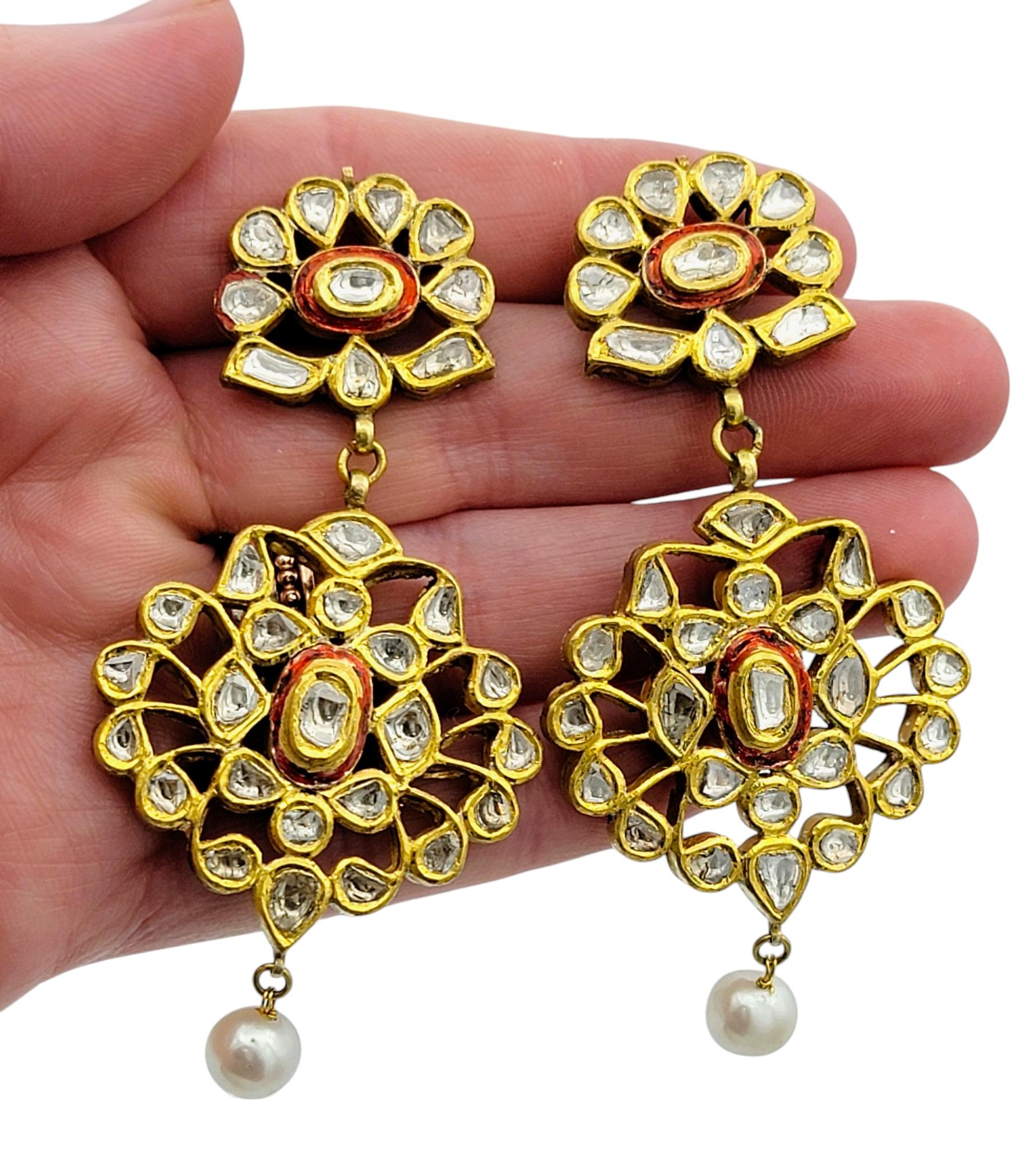 Rose Cut Diamond, Pearl and Red Enamel Chandelier Earrings in 10K Yellow Gold For Sale 2