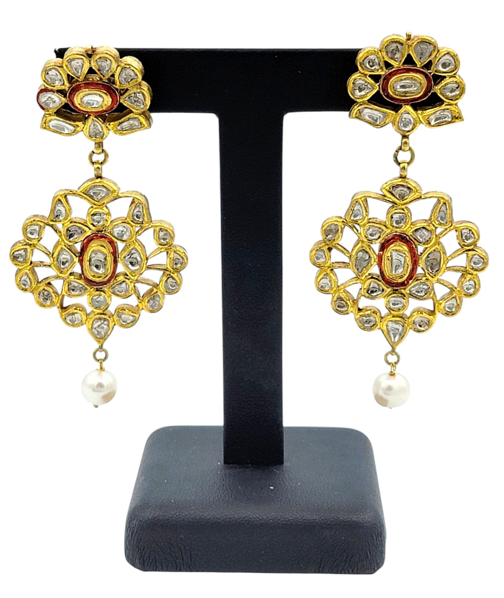 Rose Cut Diamond, Pearl and Red Enamel Chandelier Earrings in 10K Yellow Gold For Sale 3