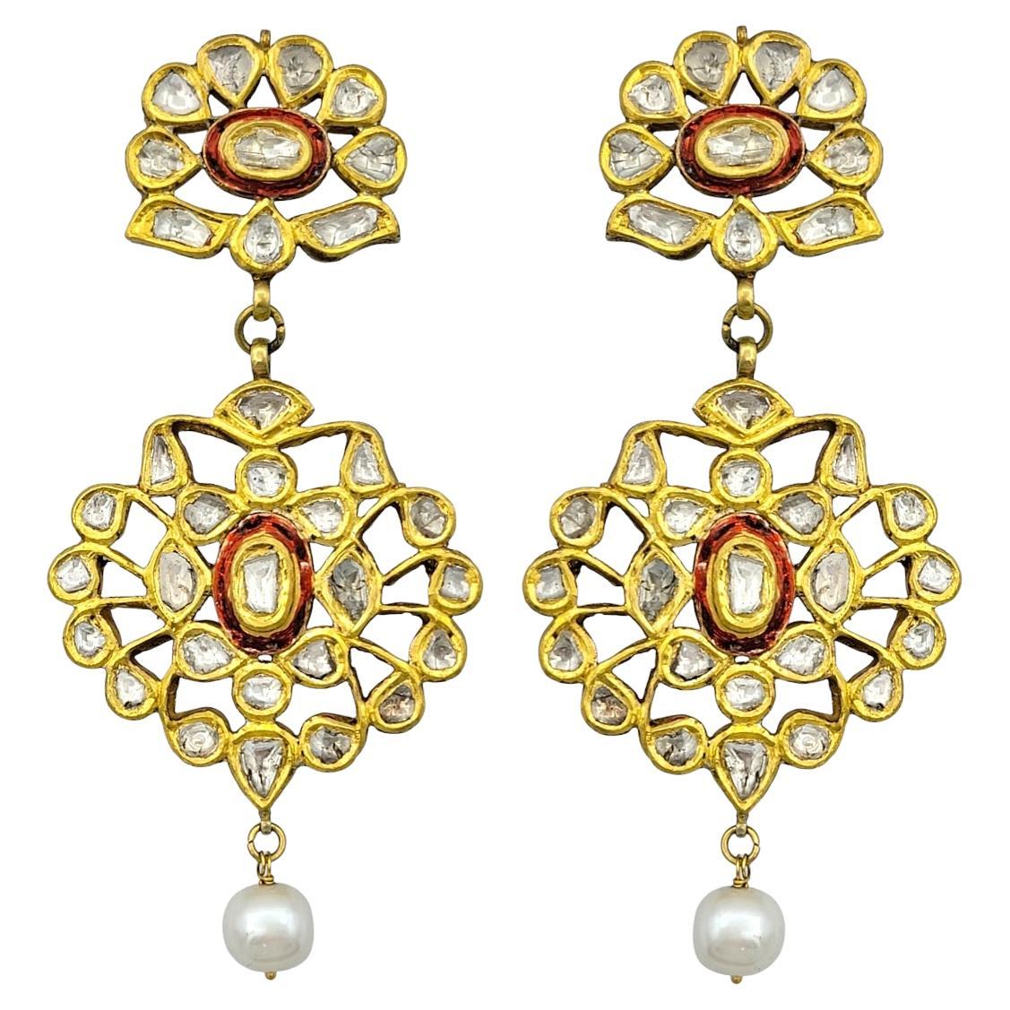 Rose Cut Diamond, Pearl and Red Enamel Chandelier Earrings in 10K Yellow Gold For Sale