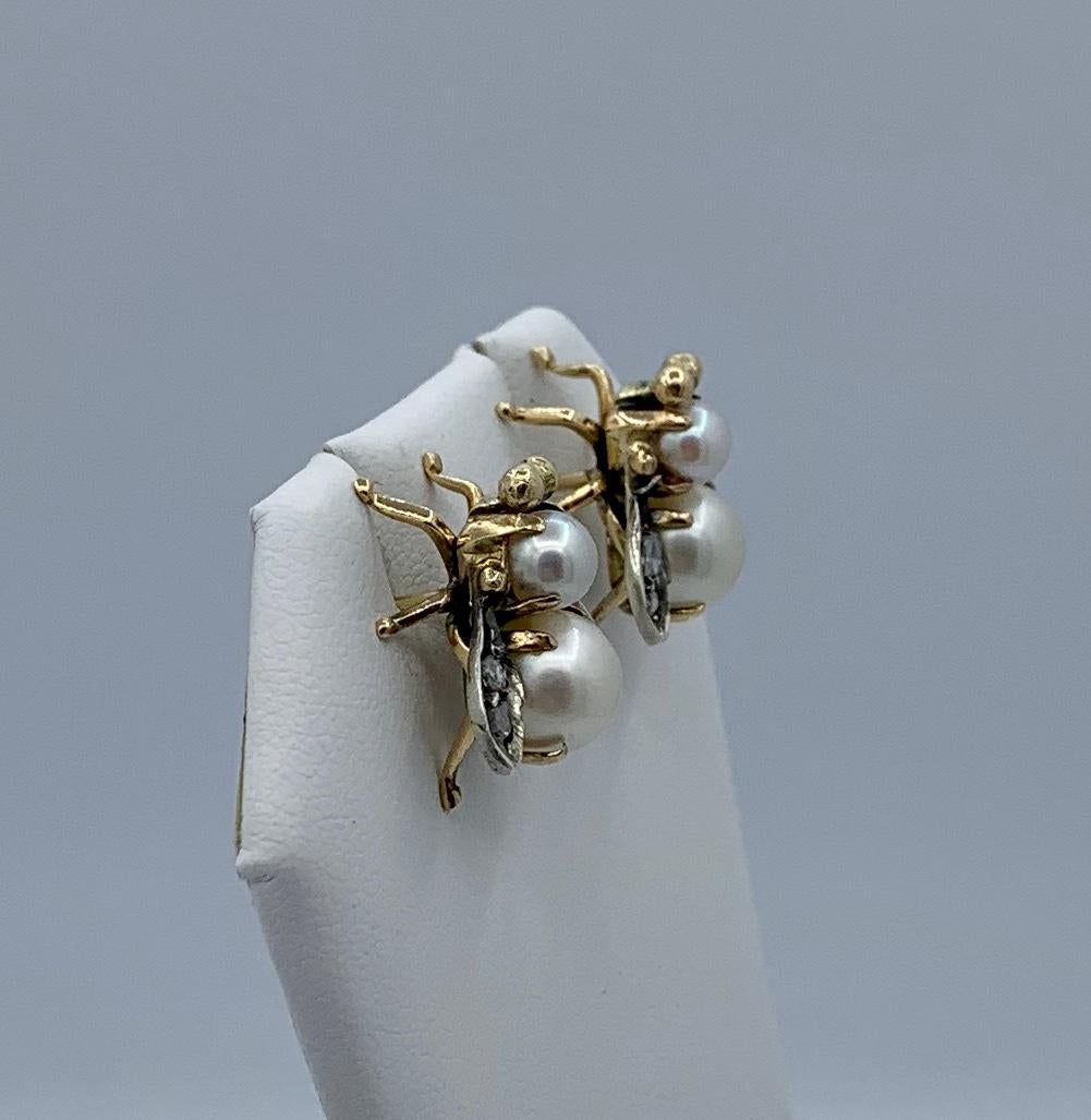 Rose Cut Diamond Pearl Fly Insect Bug Earrings Victorian Antique 14 Karat Gold For Sale 4
