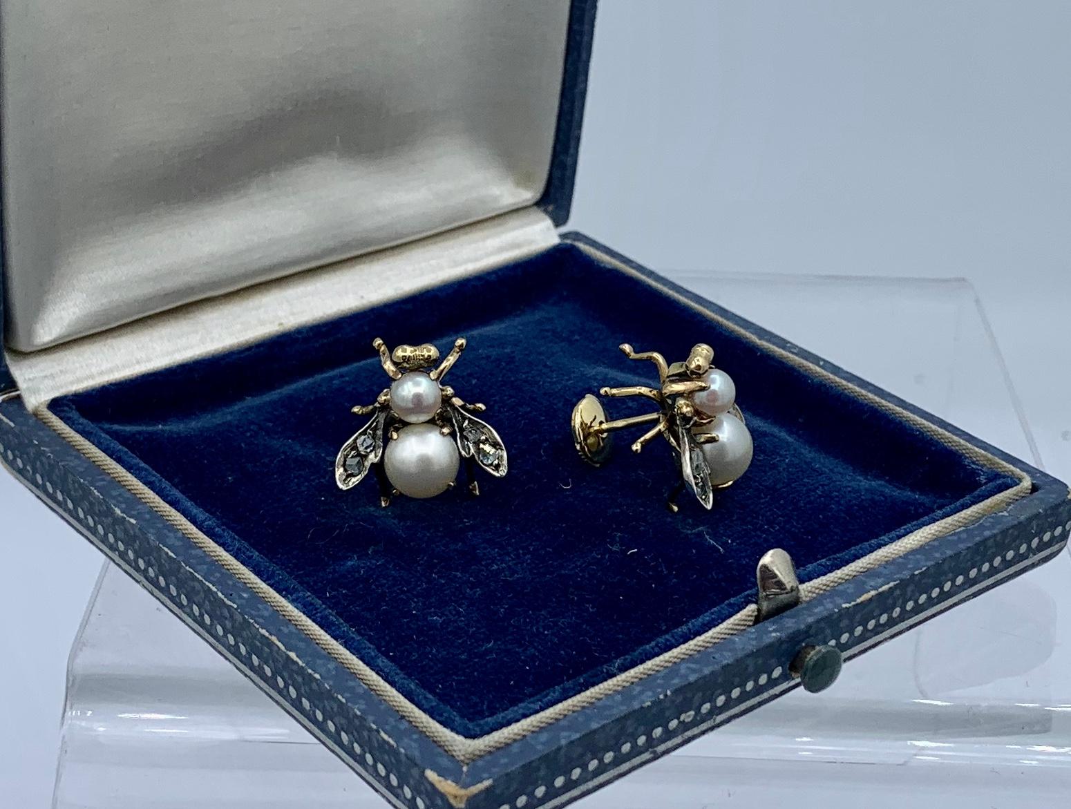 Rose Cut Diamond Pearl Fly Insect Bug Earrings Victorian Antique 14 Karat Gold For Sale 5