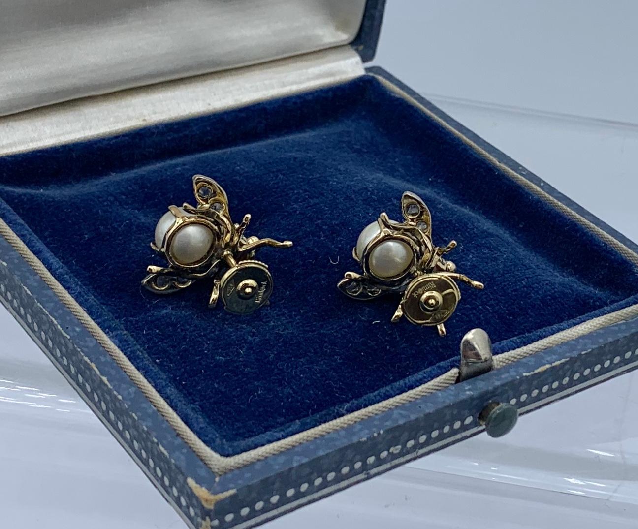 Rose Cut Diamond Pearl Fly Insect Bug Earrings Victorian Antique 14 Karat Gold For Sale 6