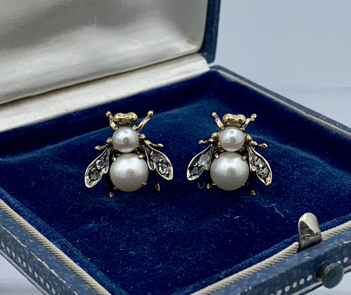 Rose Cut Diamant Perle Fliege Insekt Käfer Ohrringe viktorianischen antiken 14 Karat Gold (Viktorianisch) im Angebot
