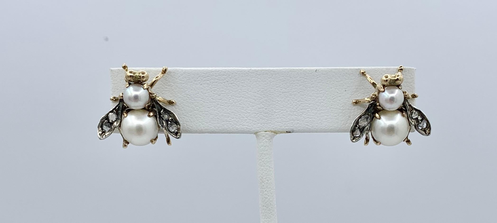 Rose Cut Diamant Perle Fliege Insekt Käfer Ohrringe viktorianischen antiken 14 Karat Gold (Rosenschliff) im Angebot